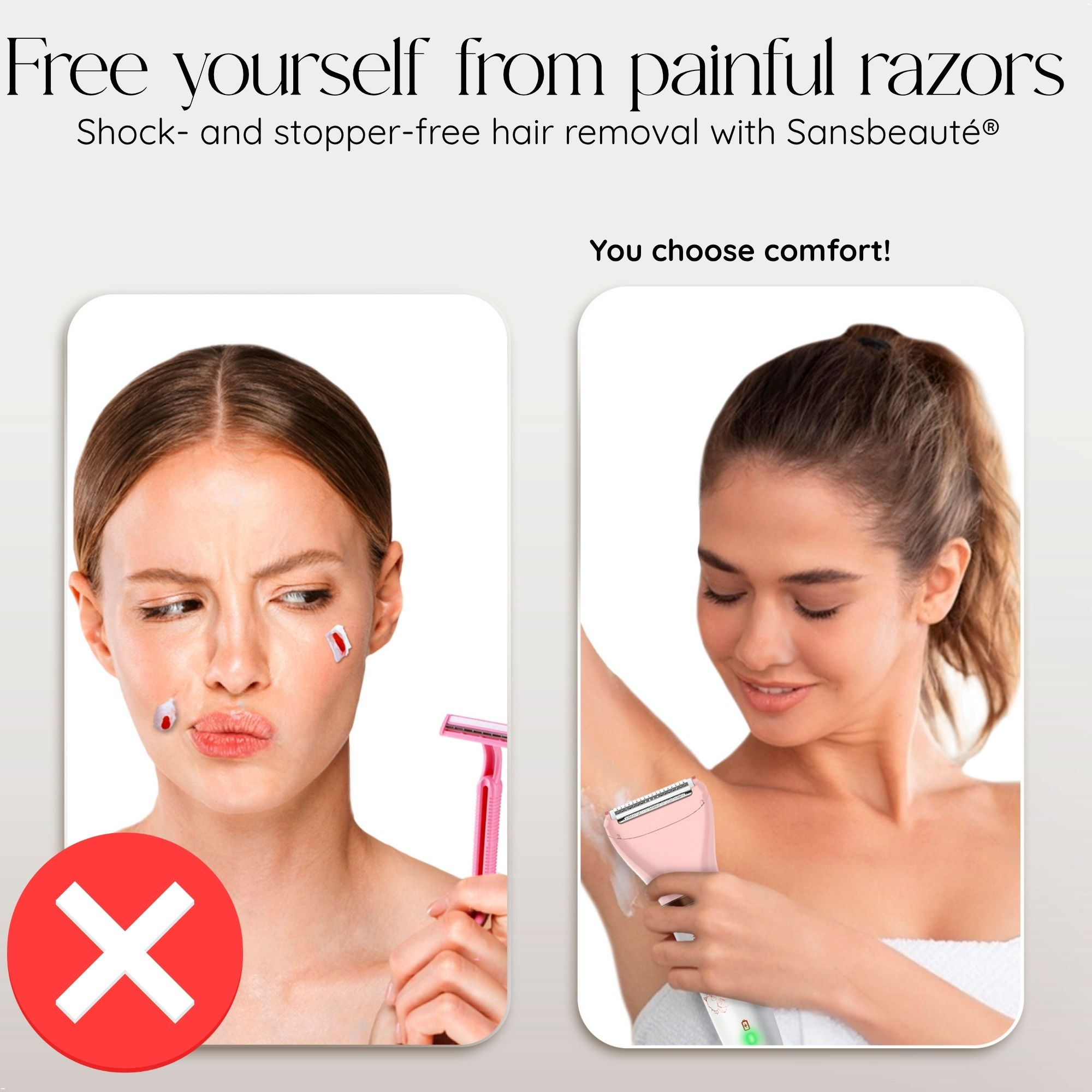 Comparaison d'une femme coupée par un rasoir et d'une autre utilisant un épilateur rose.