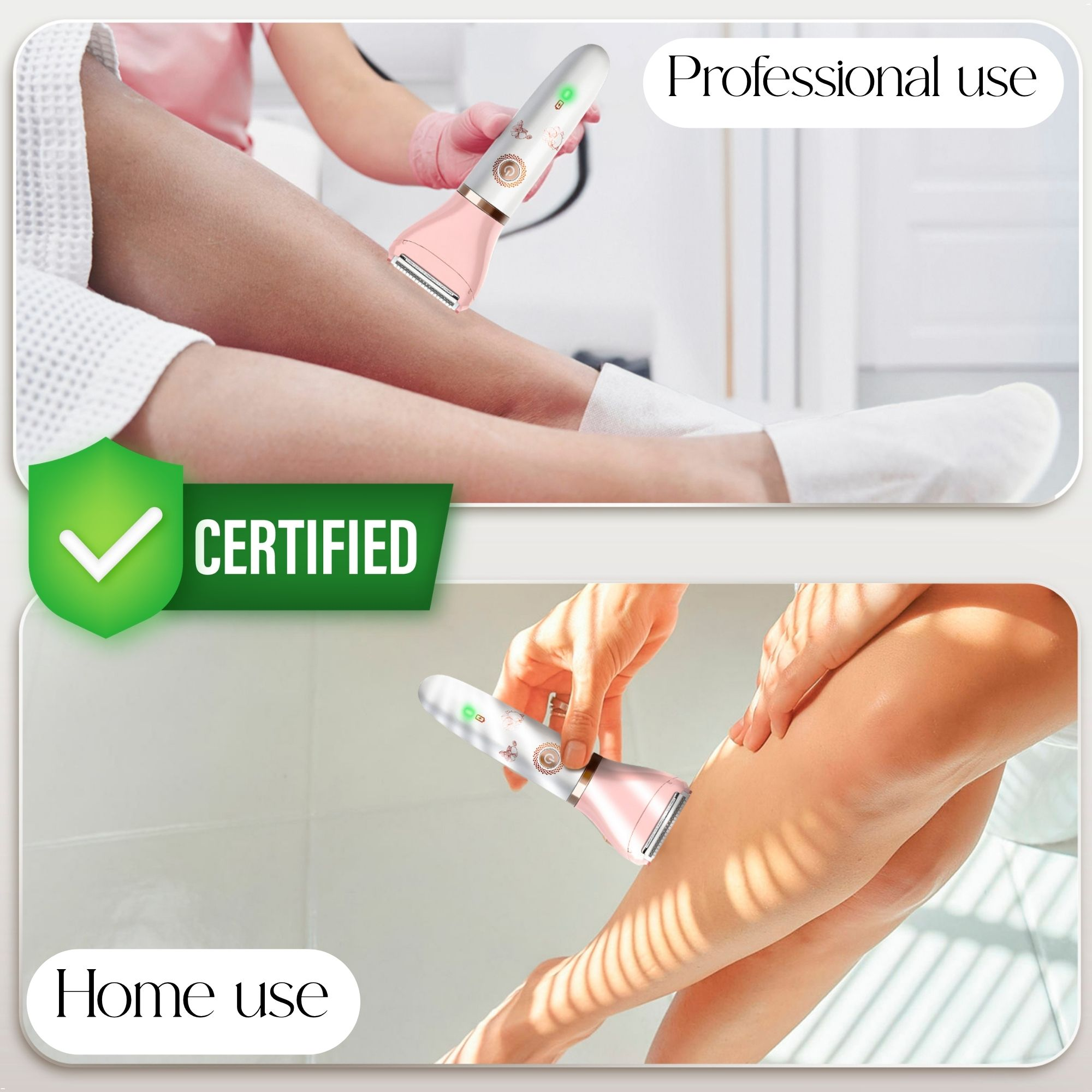 Des femmes se rasent les jambes avec un appareil blanc et rose, étiqueté usage professionnel et domestique.