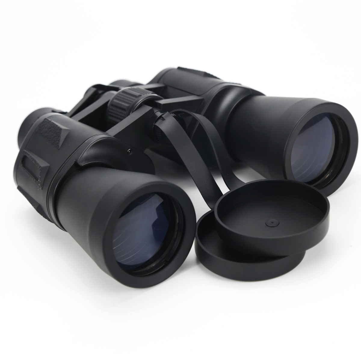 Binocolo nero con copriobiettivo rimossi su sfondo bianco.