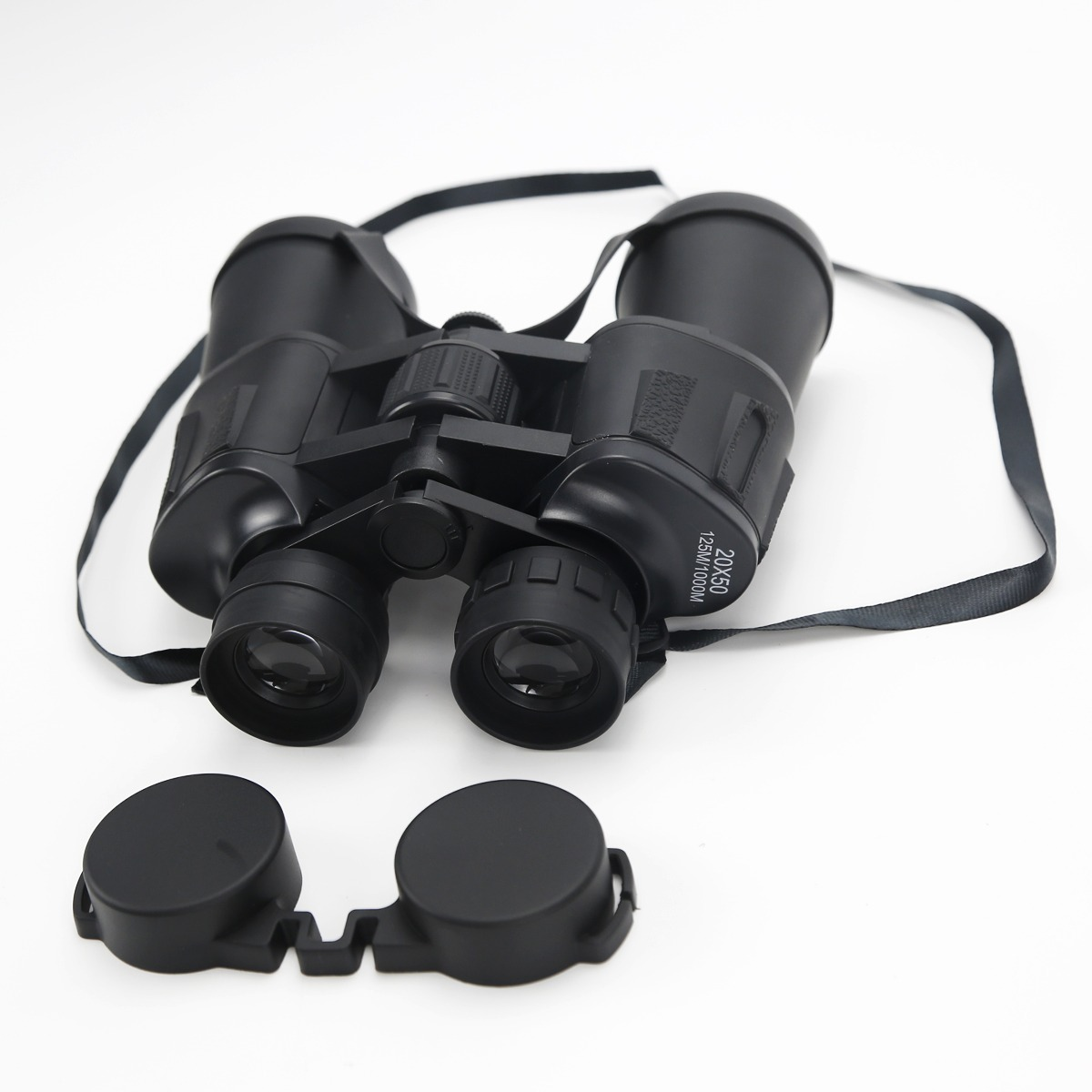 Binocolo nero con tracolla e copriobiettivi rimossi su sfondo bianco.