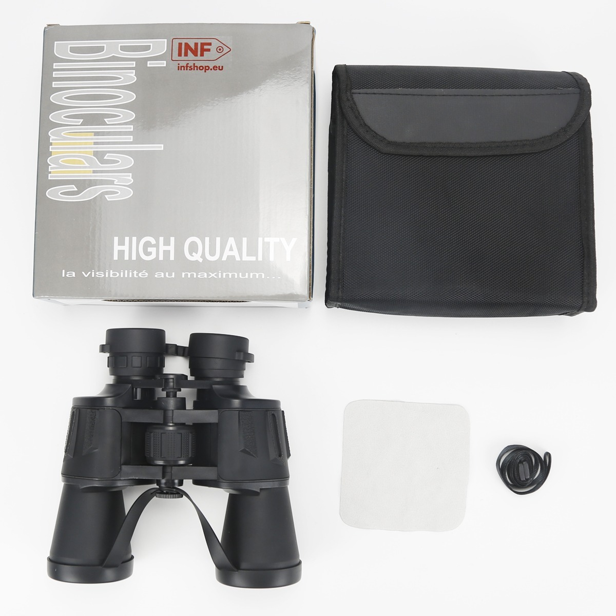 Binocolo nero con scatola, custodia, panno per pulizia e tracolla su fondo bianco.