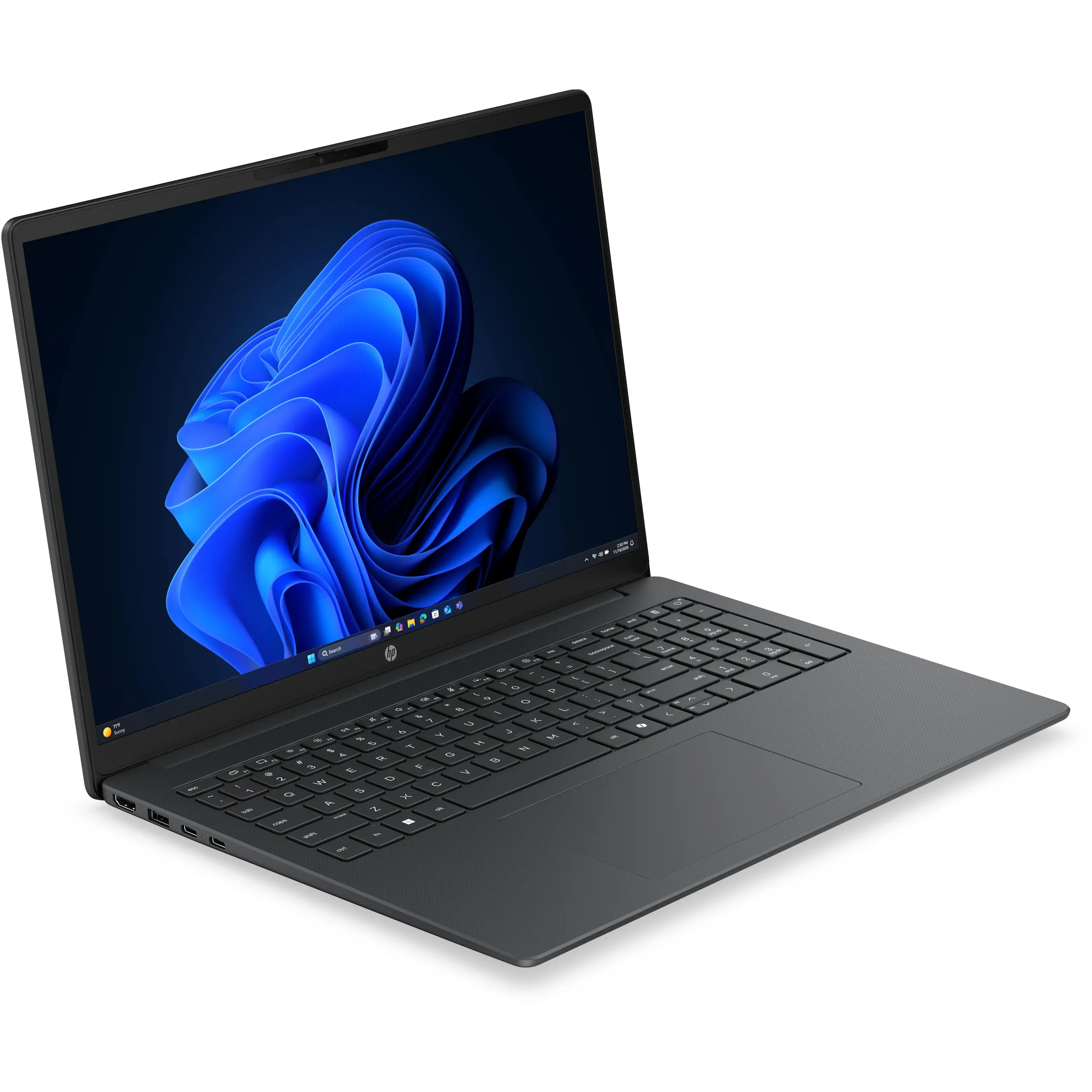 Un computer portatile grigio scuro è aperto su una superficie bianca, mostrando uno sfondo astratto blu.