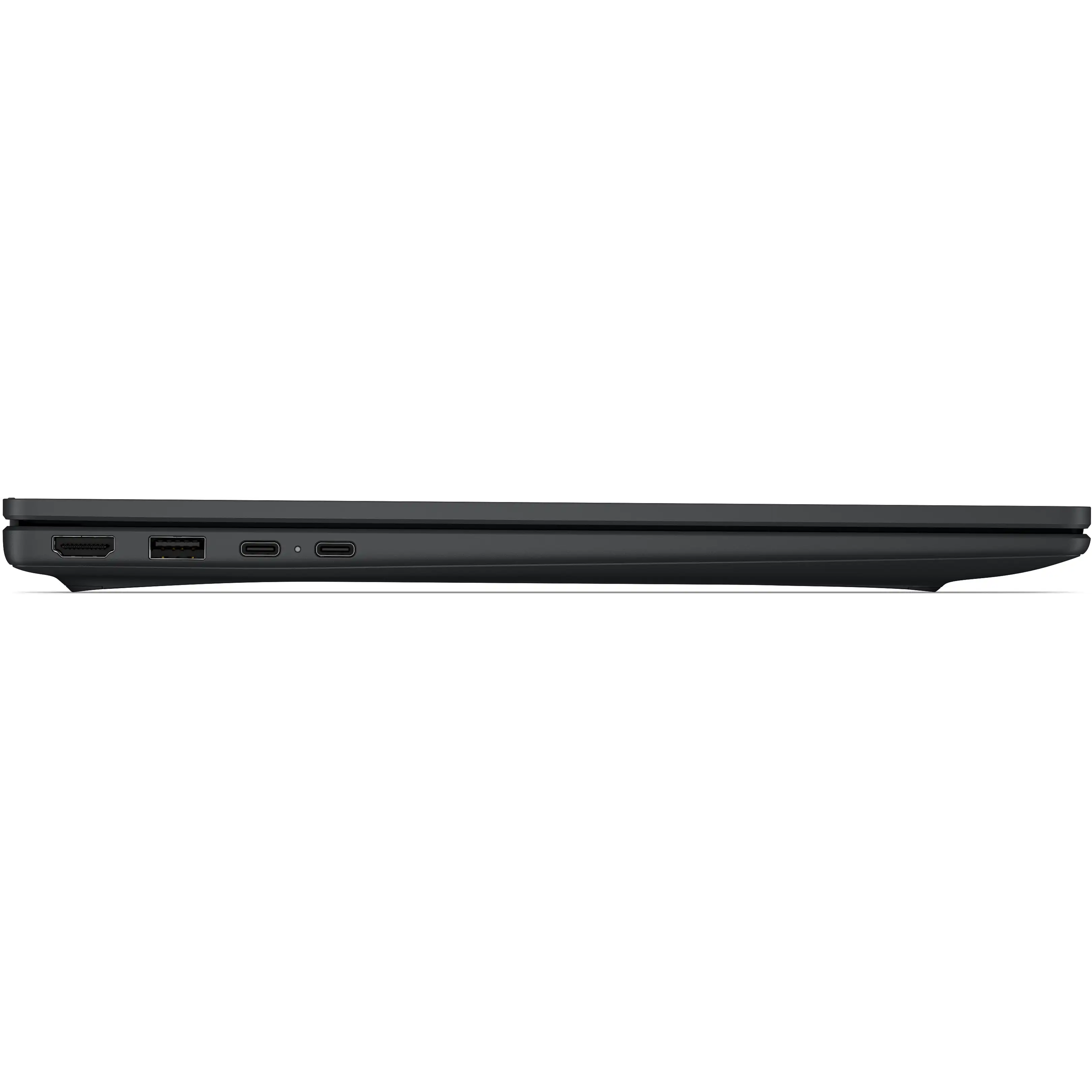 Lato sinistro di un computer portatile nero chiuso con porte HDMI, USB e USB-C.