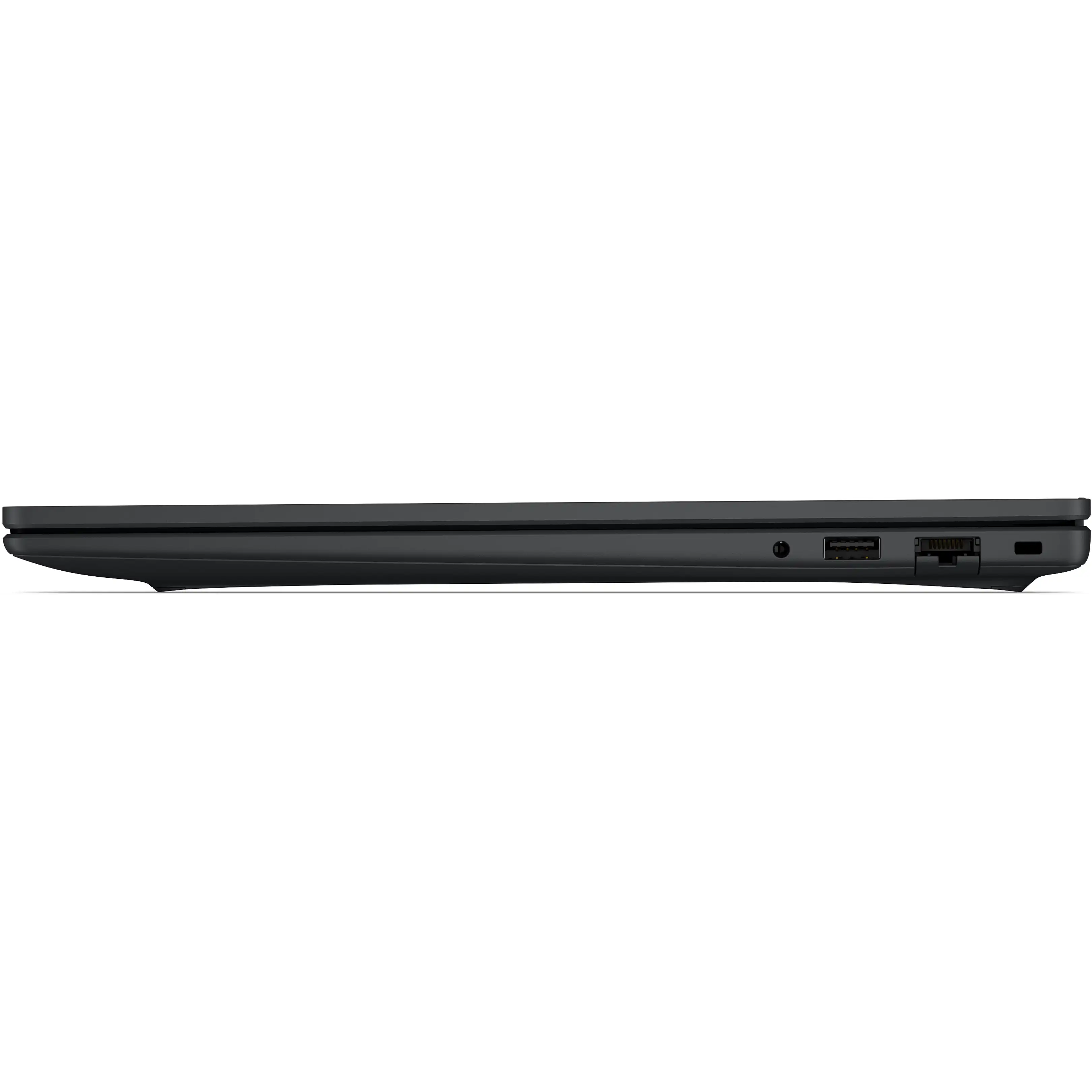 Vista laterale di un laptop chiuso con jack audio, porta USB e porta Ethernet.