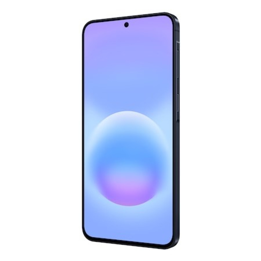 Un teléfono inteligente con un fondo abstracto azul y morado en la pantalla sobre un fondo blanco.
