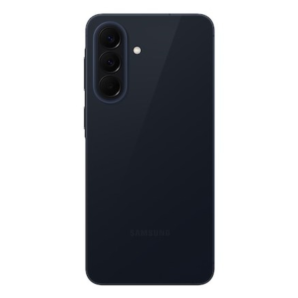 Parte trasera de un smartphone Samsung azul oscuro con tres cámaras verticales y el logotipo de Samsung.