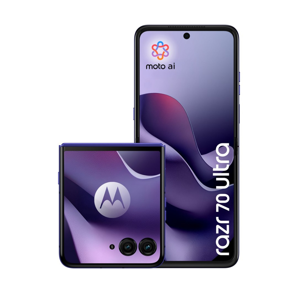 Uno smartphone Motorola Razr 70 Ultra viola scuro aperto e chiuso con logo Moto AI.