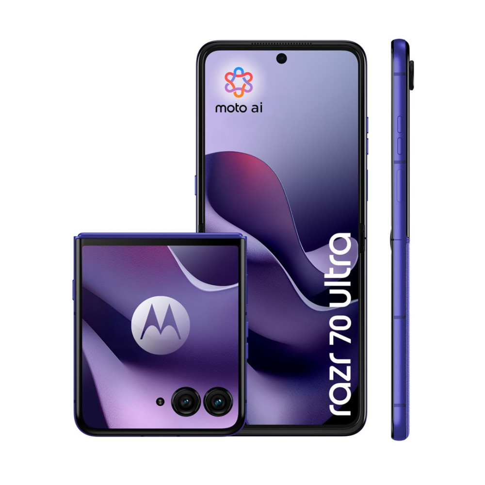Tre viste dello smartphone blu Motorola Razr 70 Ultra: aperto, piegato e di profilo.