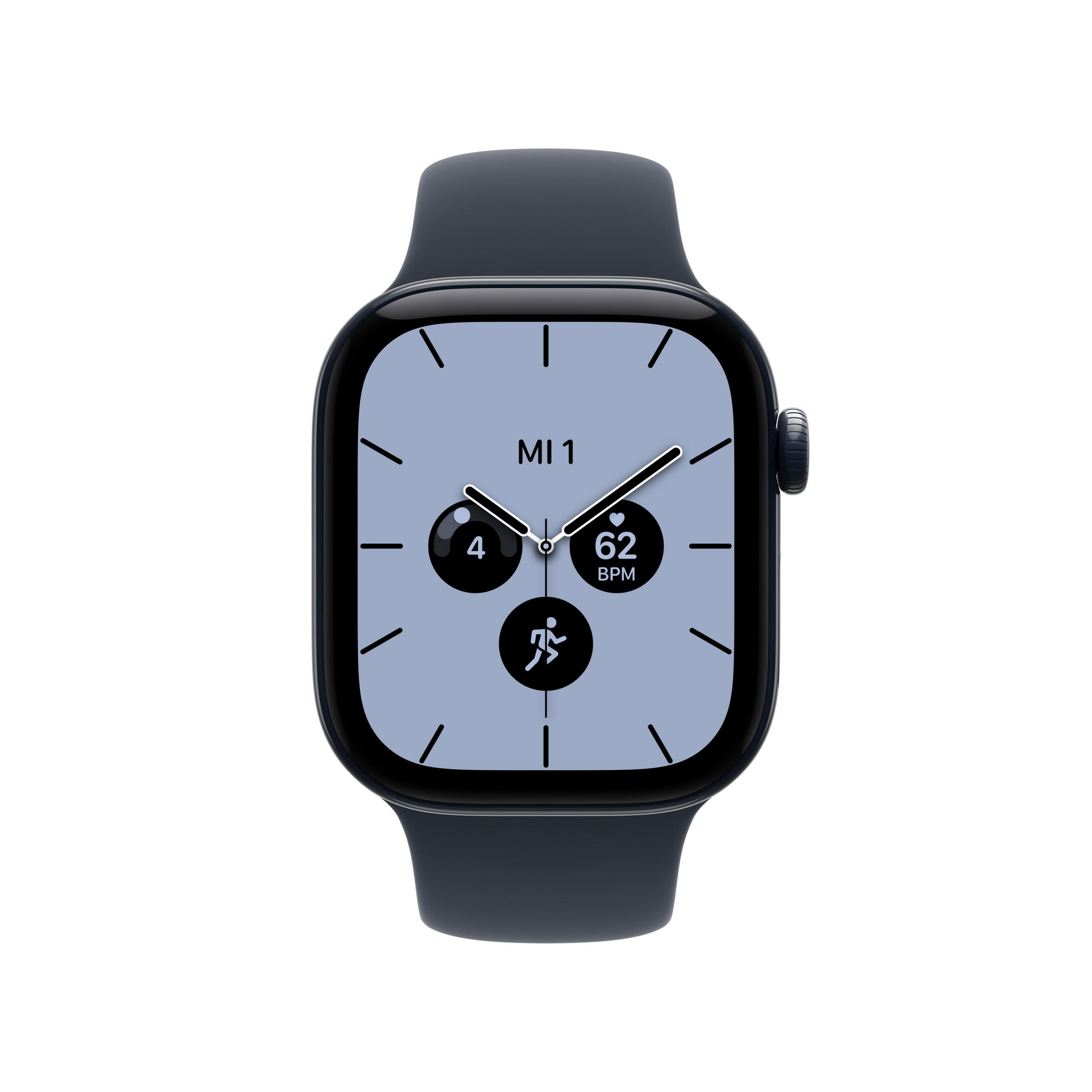 Eine schwarze Smartwatch mit blauem Zifferblatt und Fitnessdaten.