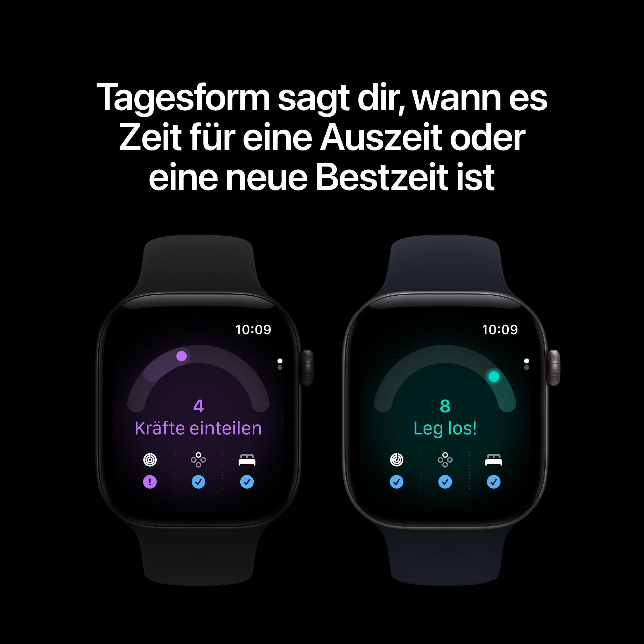 Due smartwatch neri su sfondo nero mostrano metriche di fitness con testo in tedesco.