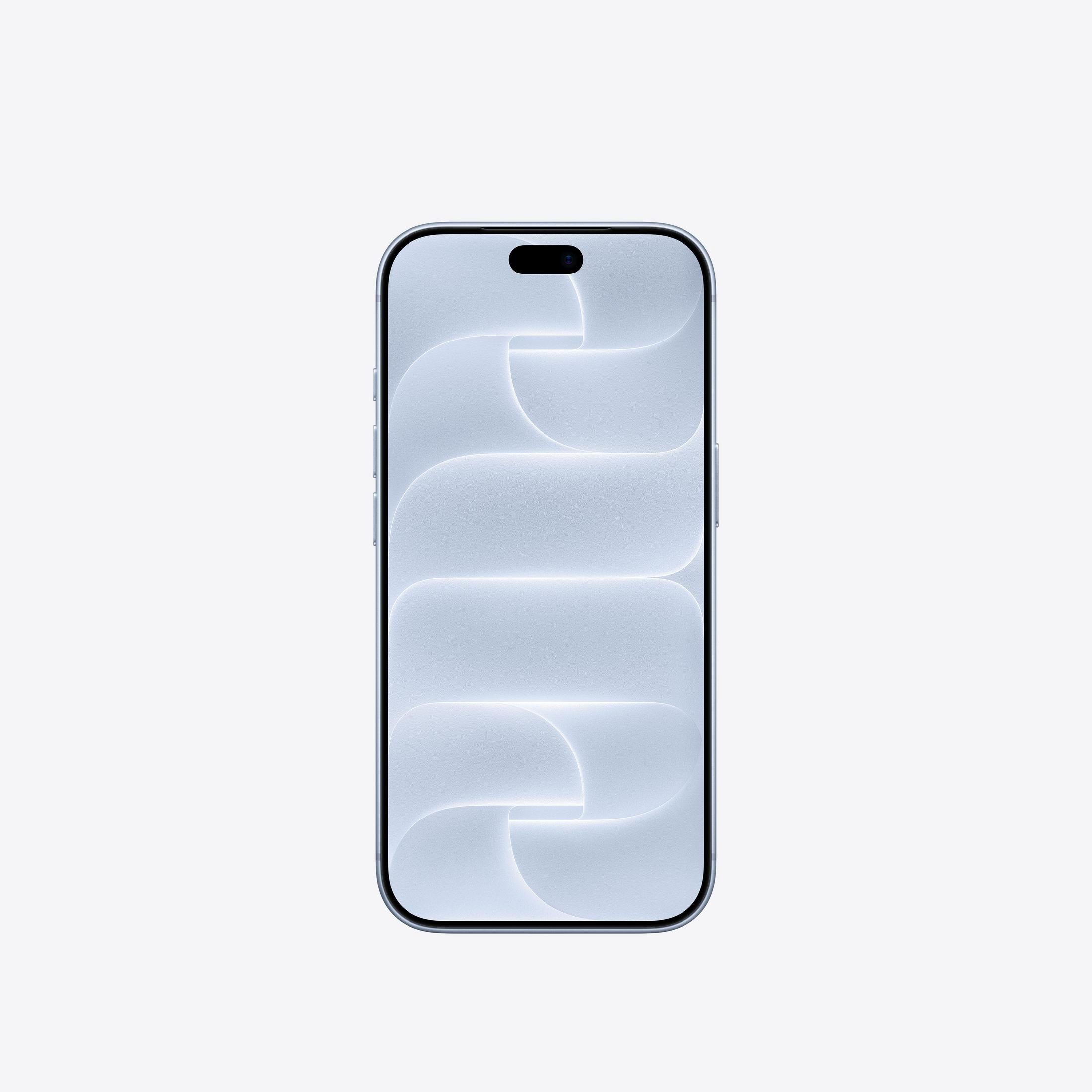 Uno smartphone che mostra un motivo astratto bianco e blu sullo schermo su sfondo neutro.