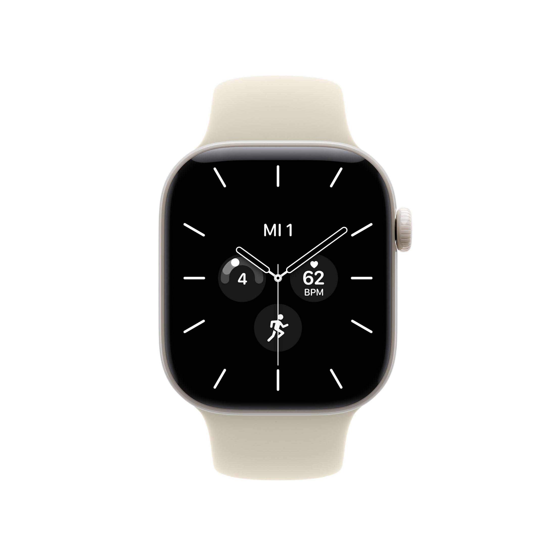 Eine cremefarbene Smartwatch mit schwarzem Display, das Zeiger, Herzfrequenz und Aktivitätsdaten anzeigt.