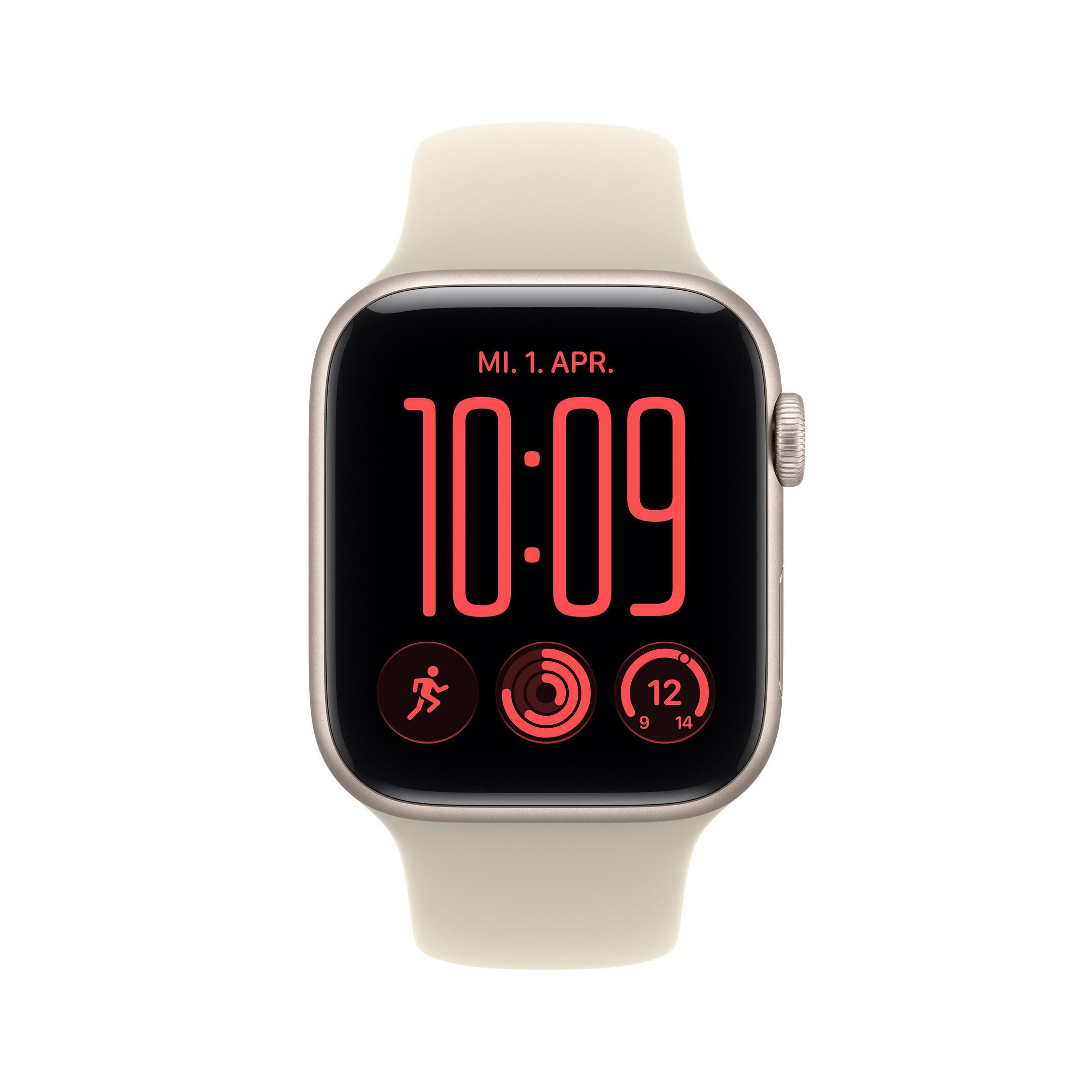 Uno smartwatch beige con quadrante digitale mostra le 10:09, la data e icone rosse.