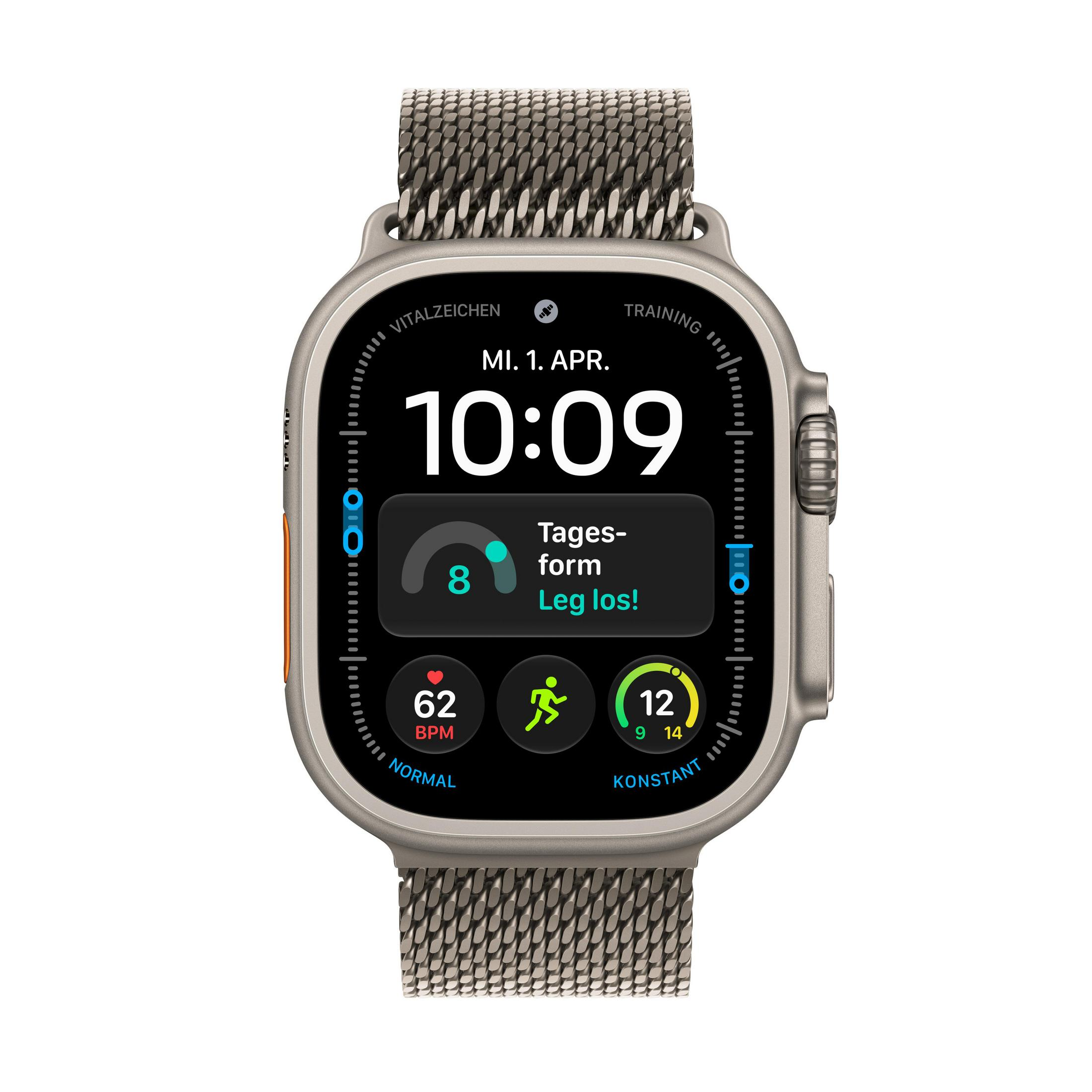 Un Apple Watch con cinturino in metallo mostra digitalmente l'ora 10:09 e i dati sanitari.