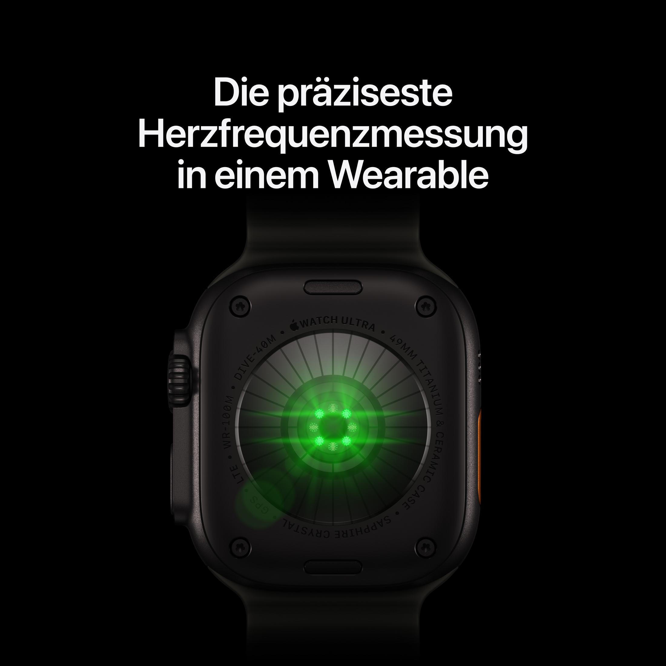 Retro di un Apple Watch Ultra con luce verde per il monitoraggio della frequenza cardiaca e testo promozionale in tedesco.
