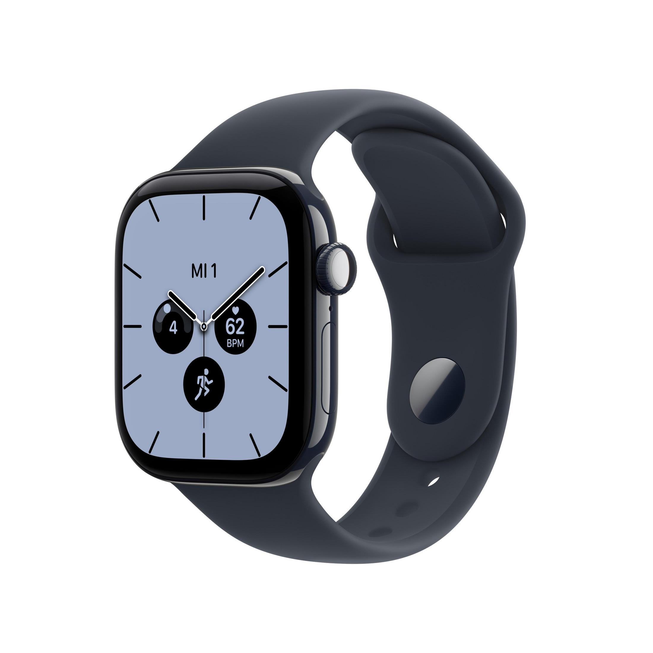 Eine dunkelblaue Smartwatch mit einem grauen Display und Fitness-Apps auf weißem Hintergrund.