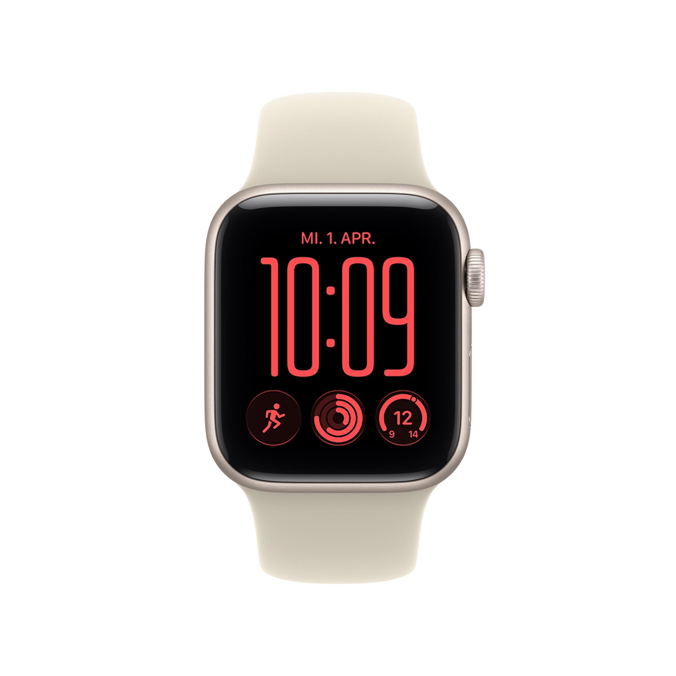 Smartwatch dorato con cinturino chiaro e quadrante digitale.