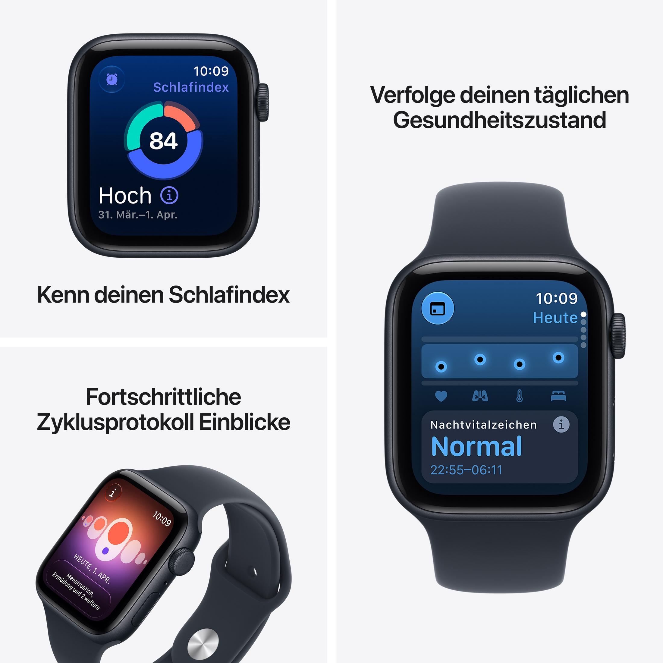 Tre schermate di smartwatch mostrano metriche di salute e sonno con testo in tedesco.