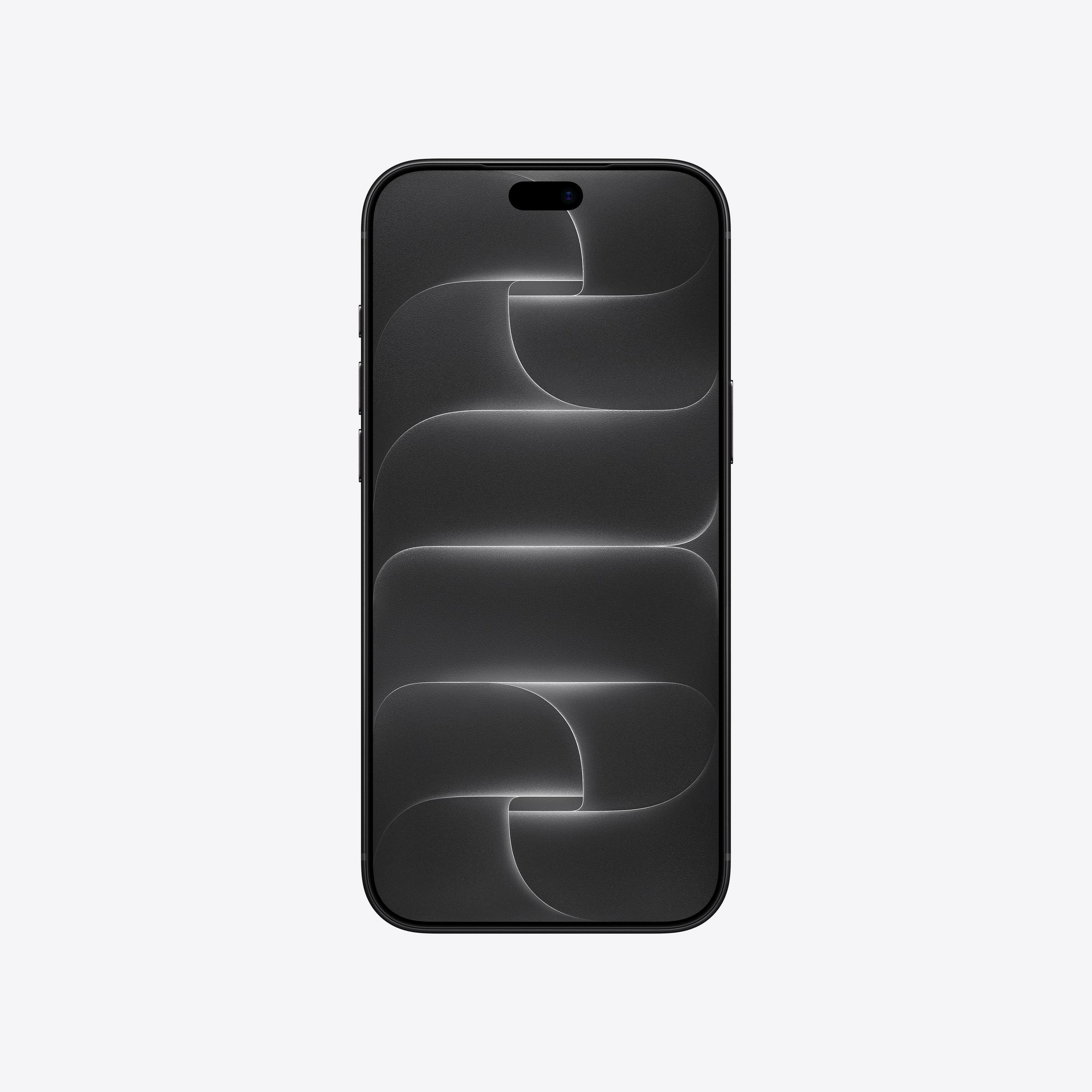 Uno smartphone nero mostra uno sfondo dello schermo astratto e scuro con motivo a onde su fondo chiaro.