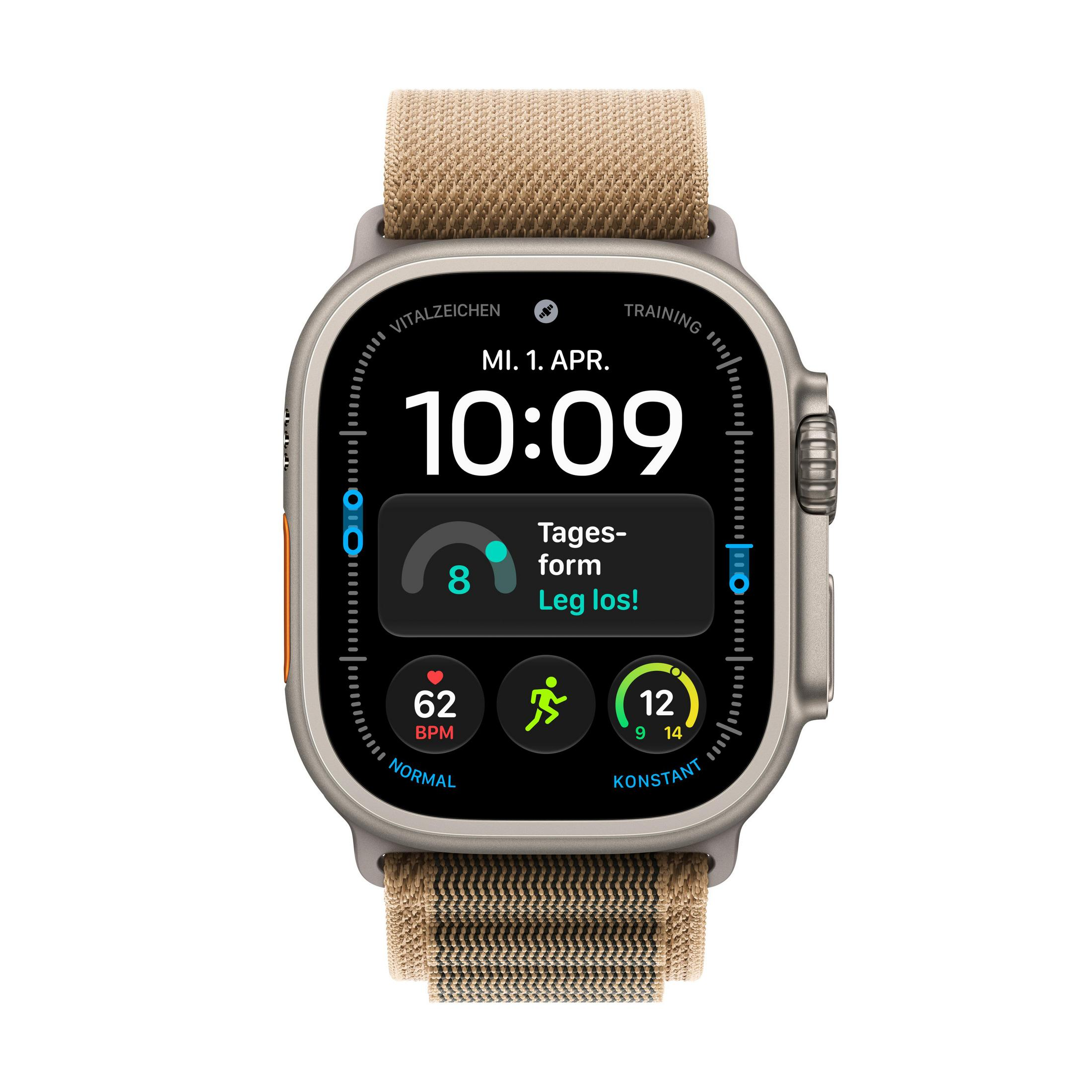 Uno smartwatch con cinturino in tessuto beige e display nero mostra data, ora e dati di fitness.