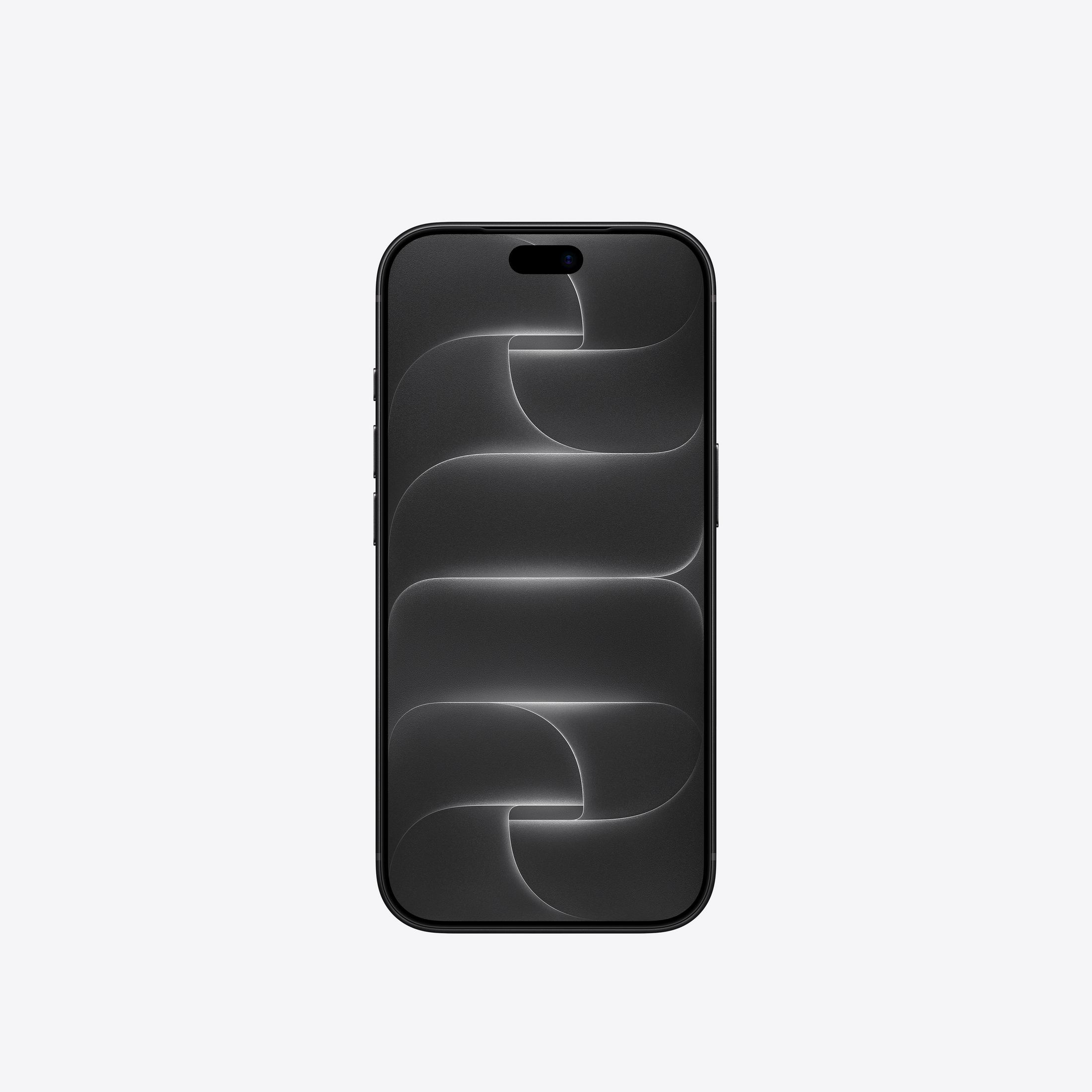 Uno smartphone nero con angoli arrotondati mostra uno sfondo scuro con sottili motivi ondulati.