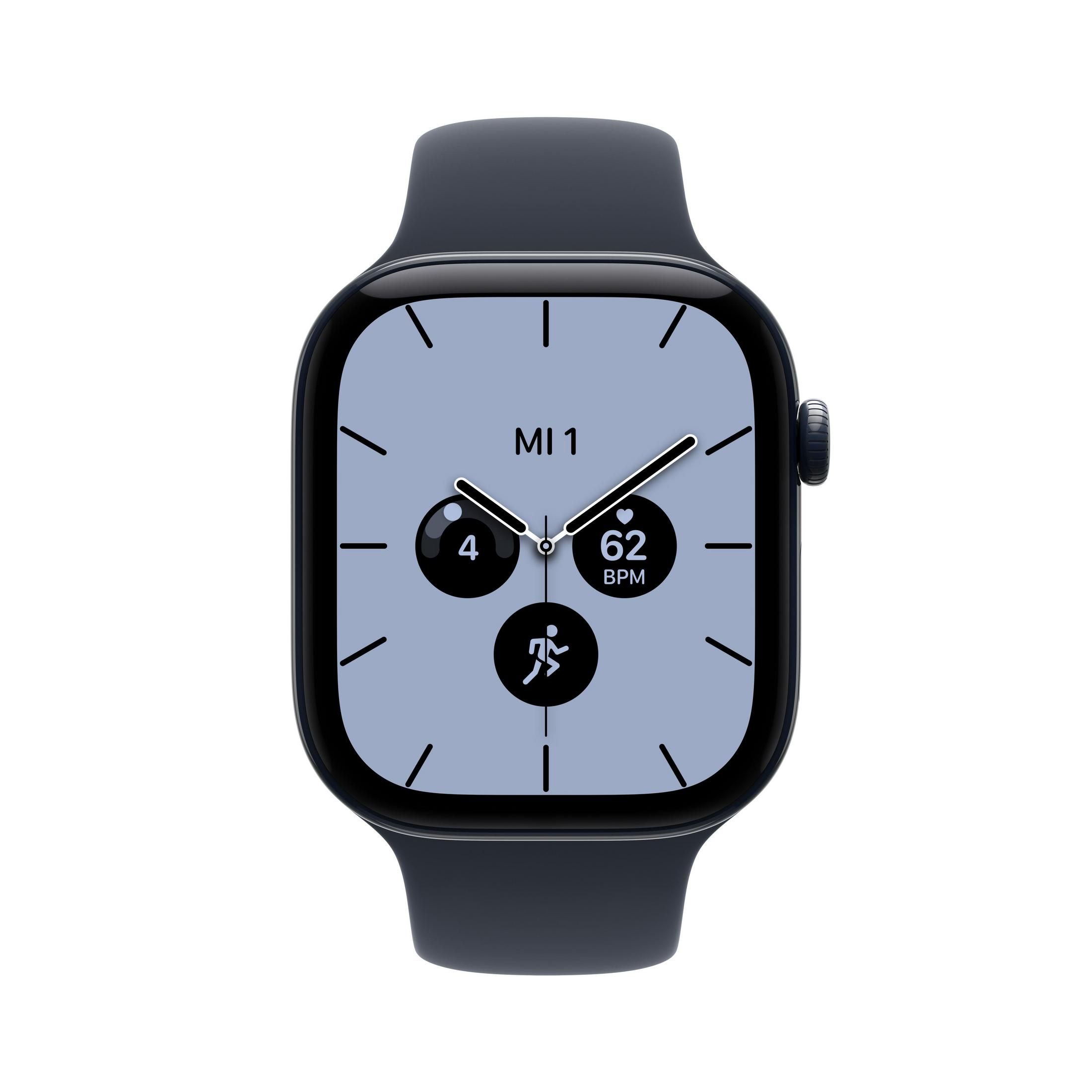 Uno smartwatch nero con quadrante azzurro, lancette bianche e piccoli cerchi tondi per il fitness.