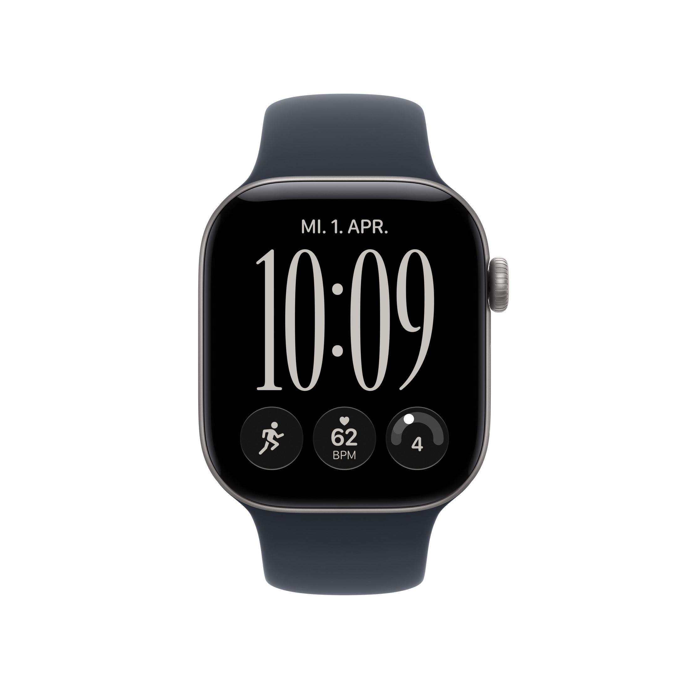 Uno smartwatch nero con cinturino blu scuro mostra l'ora 10:09, la data e dati di fitness.
