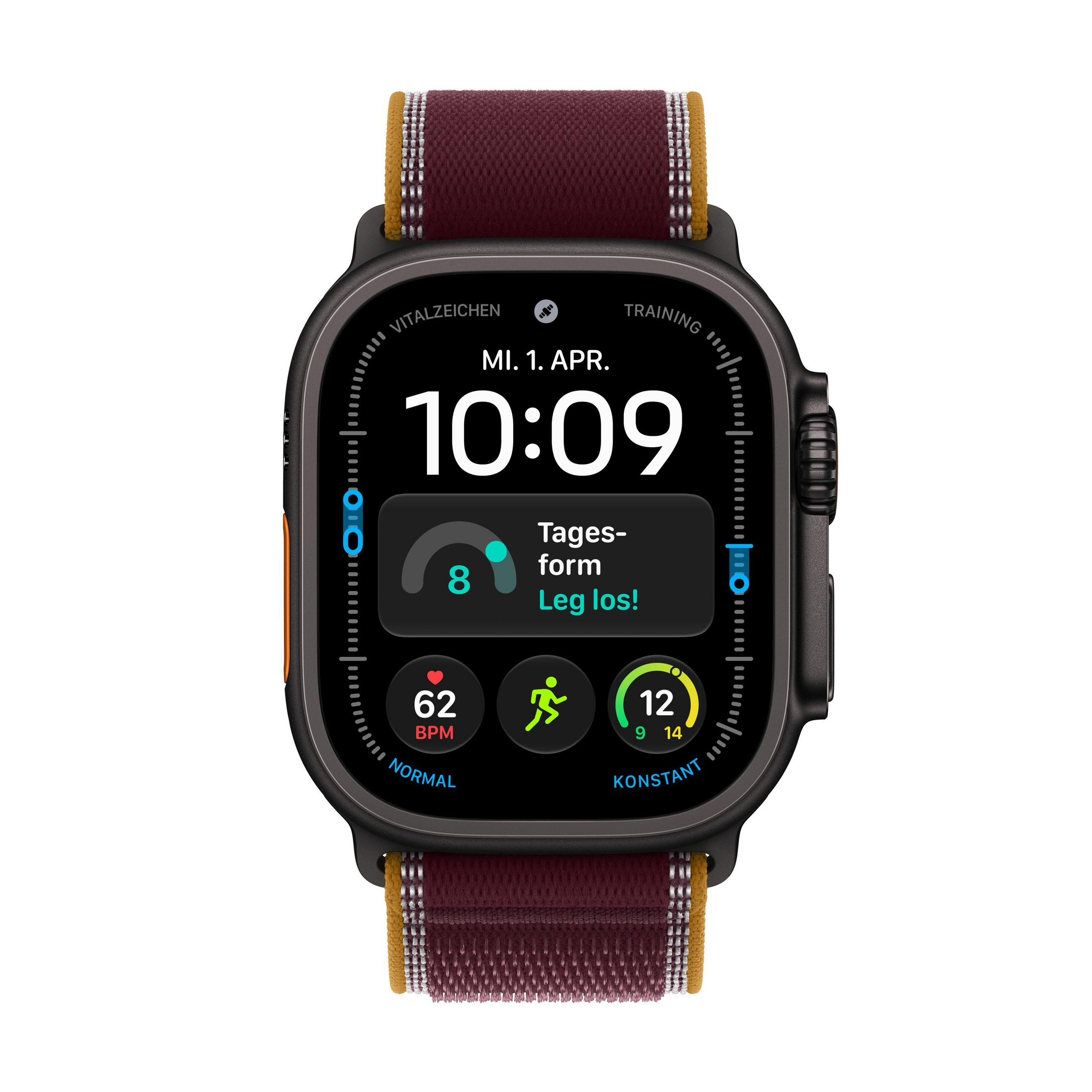 Uno smartwatch con cinturino in tessuto bordeaux scuro e giallo mostra l'ora 10:09 e metriche di fitness.