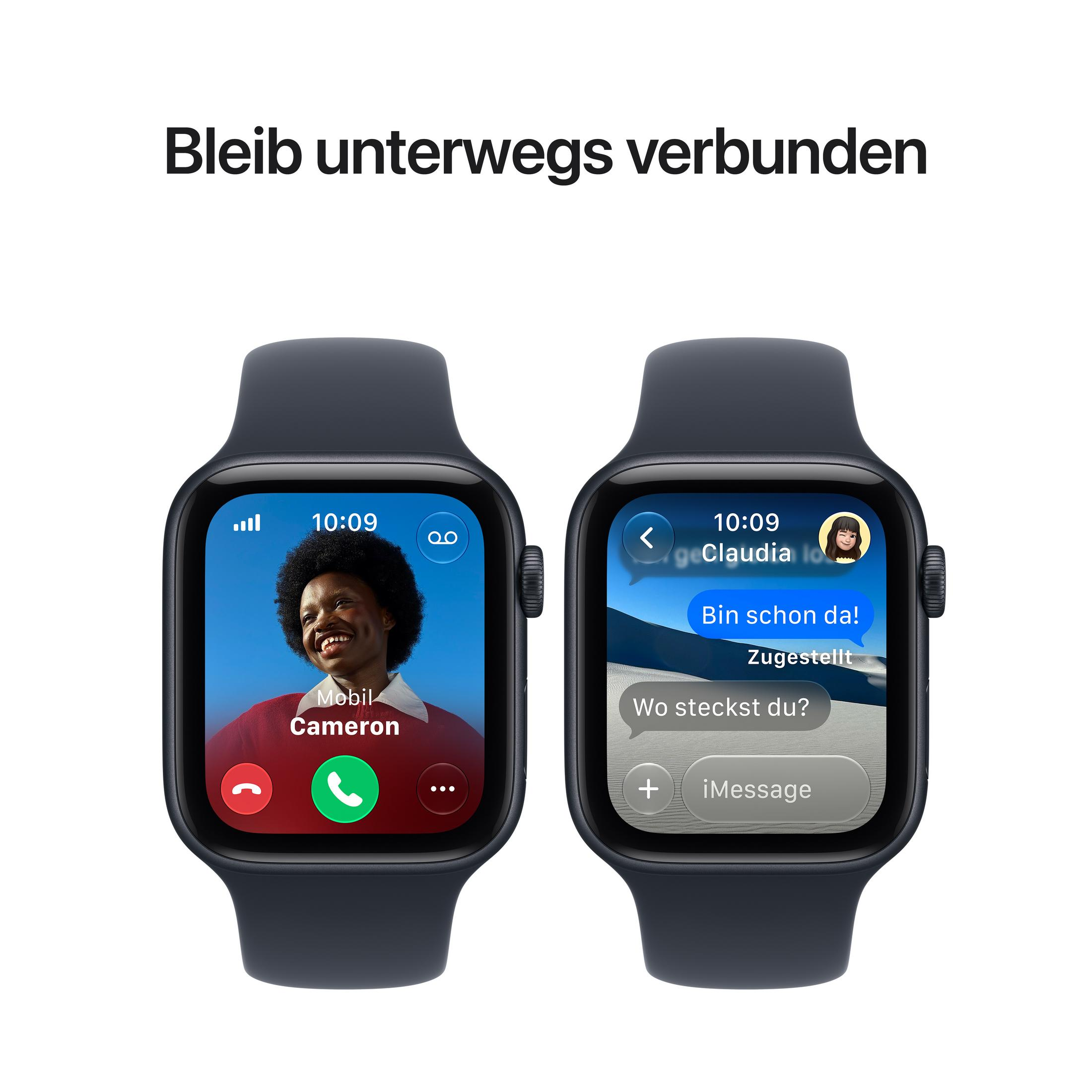 Due smartwatch mostrano una videochiamata e un messaggio di testo, con Resta connesso in alto.