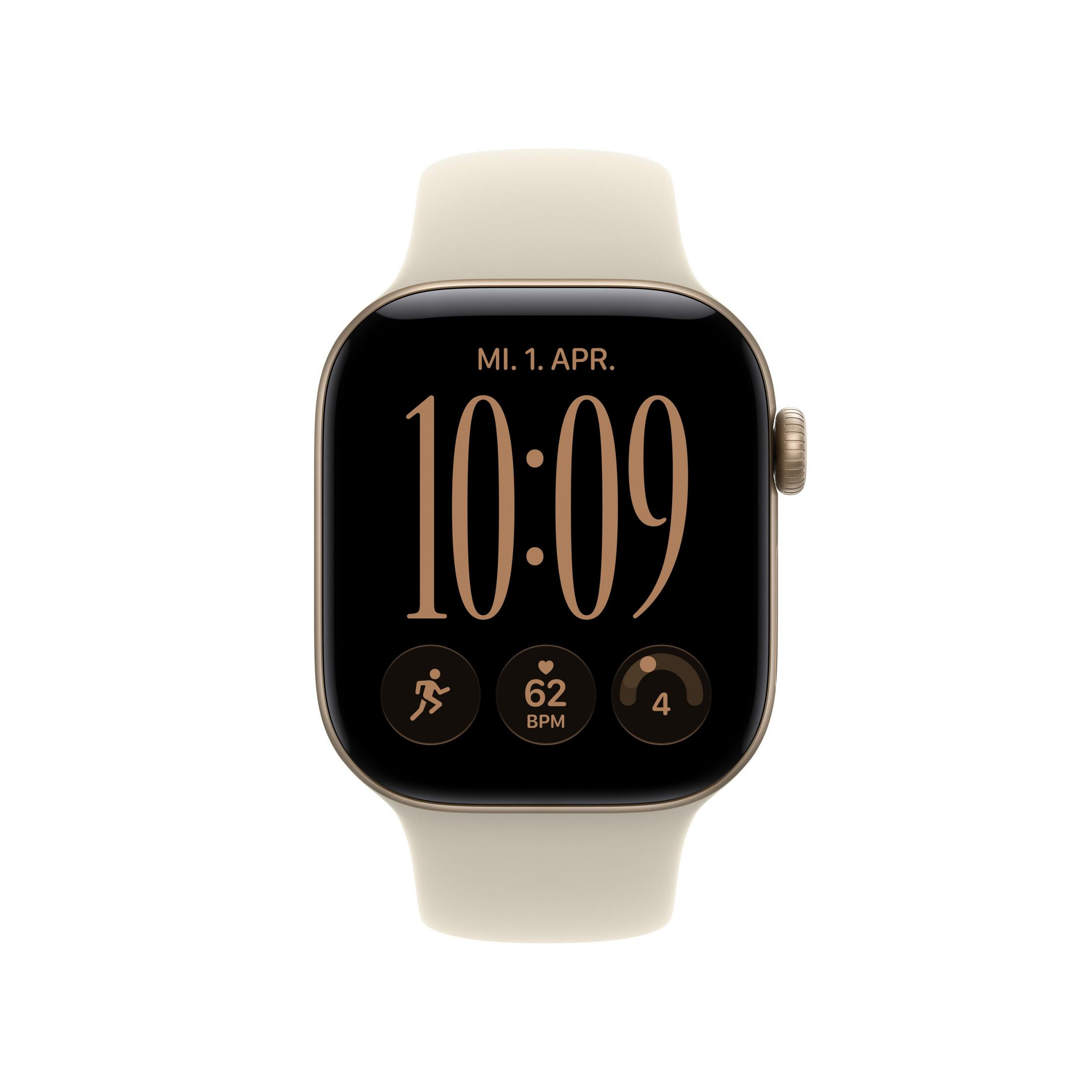 Smartwatch dorato con cinturino in silicone crema e display digitale.