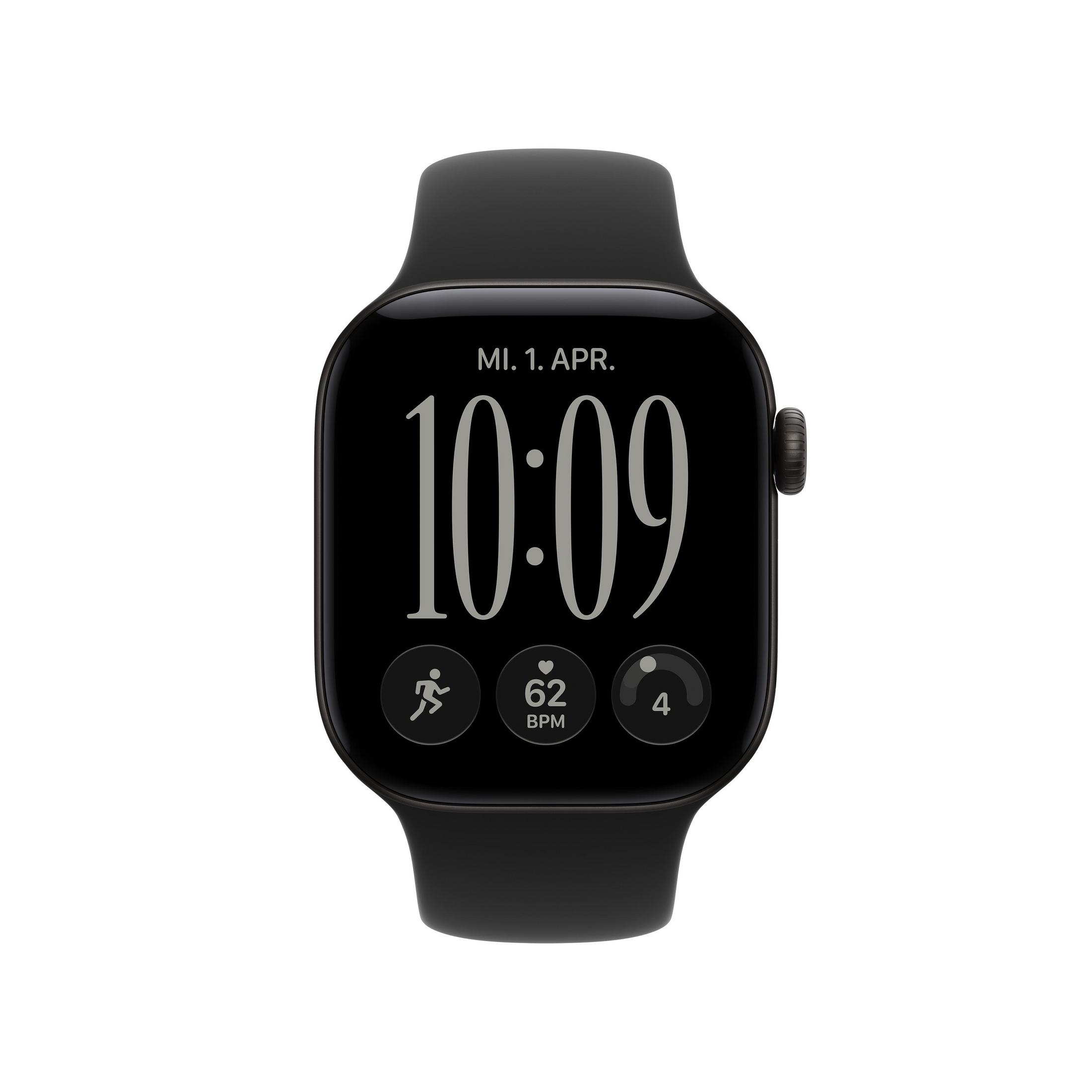 Uno smartwatch nero con display digitale che mostra l'ora 10:09, la data e metriche di fitness su sfondo bianco.