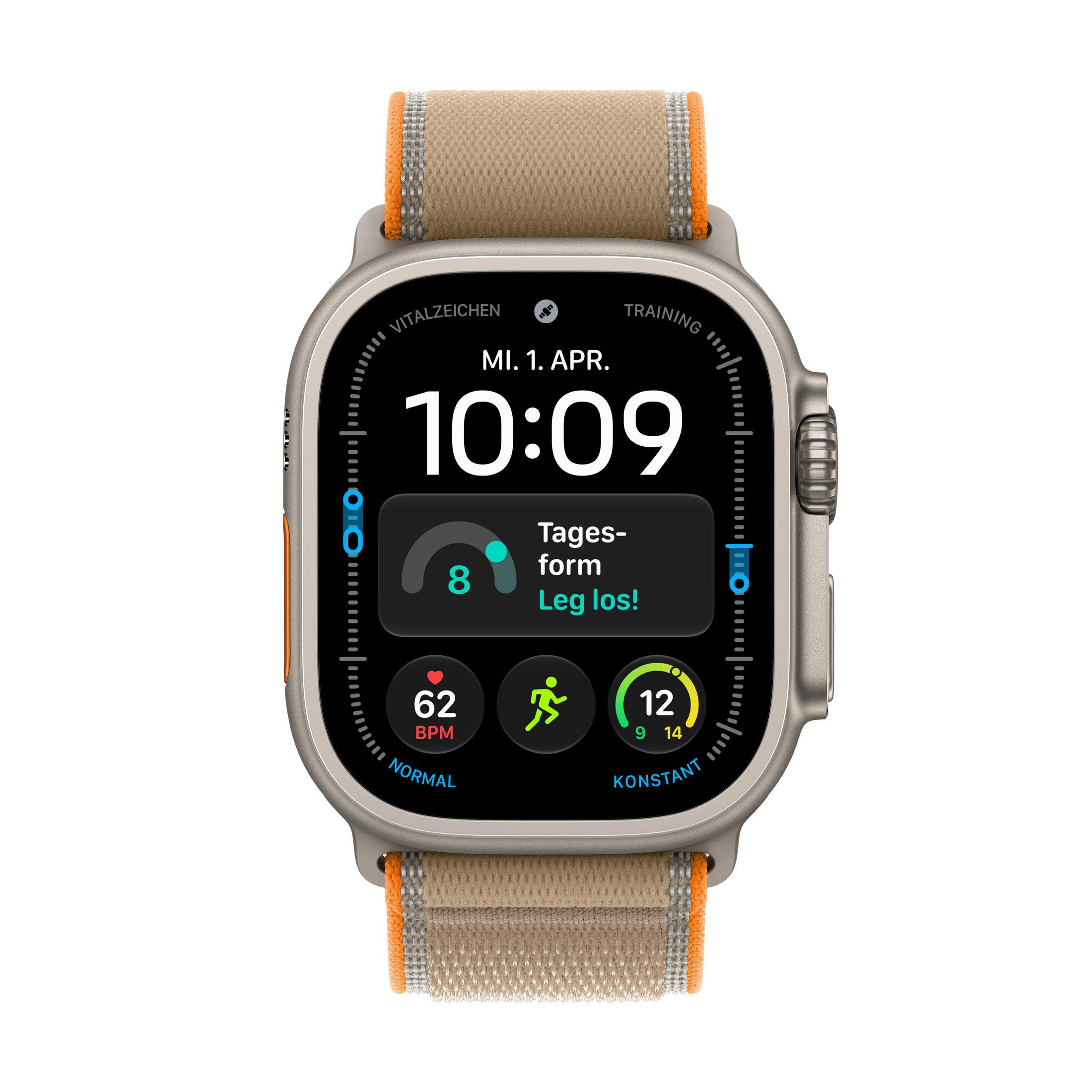 Uno smartwatch con cinturino in tessuto beige e display nero mostra l'ora e i dati sulla salute.