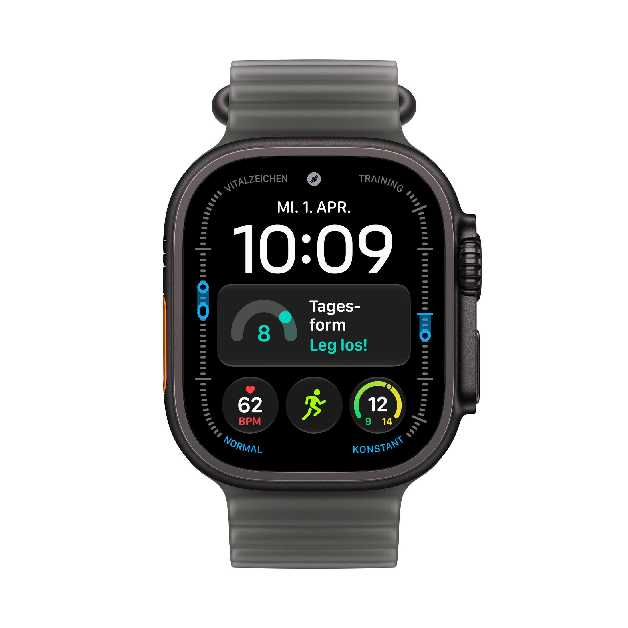 Uno smartwatch nero con cinturino in silicone grigio mostra ora e dati di fitness sullo schermo.