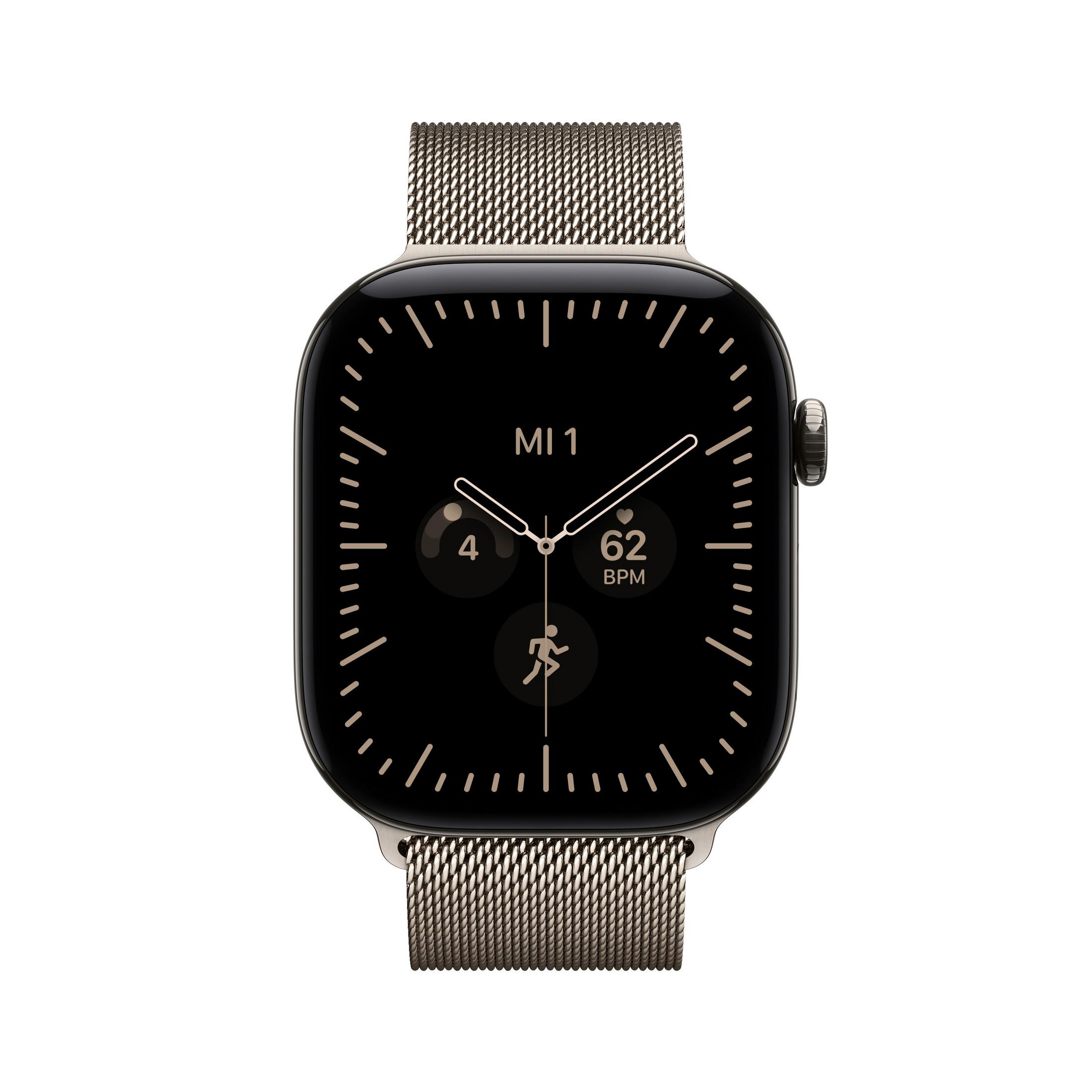 Uno smartwatch con cinturino in maglia metallica e quadrante nero che mostra metriche di fitness.