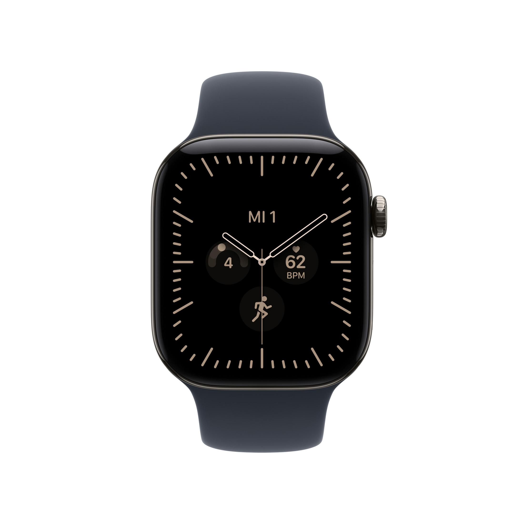 Eine schwarze Smartwatch mit dunklem Armband und digitalem Zifferblatt auf weißem Hintergrund.