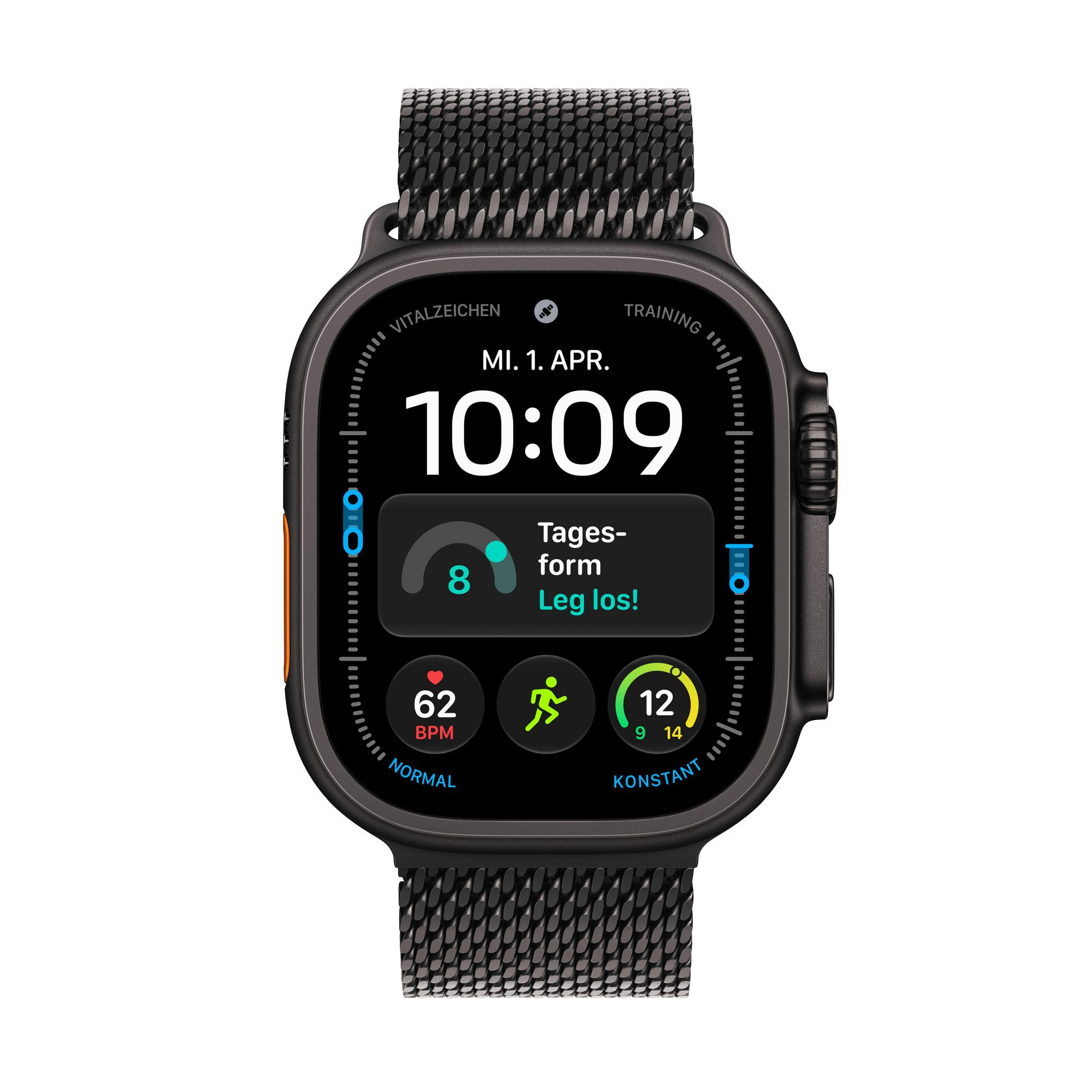 Uno smartwatch nero con cinturino in metallo mostra l'ora 10:09, la frequenza cardiaca e i dati di attività.