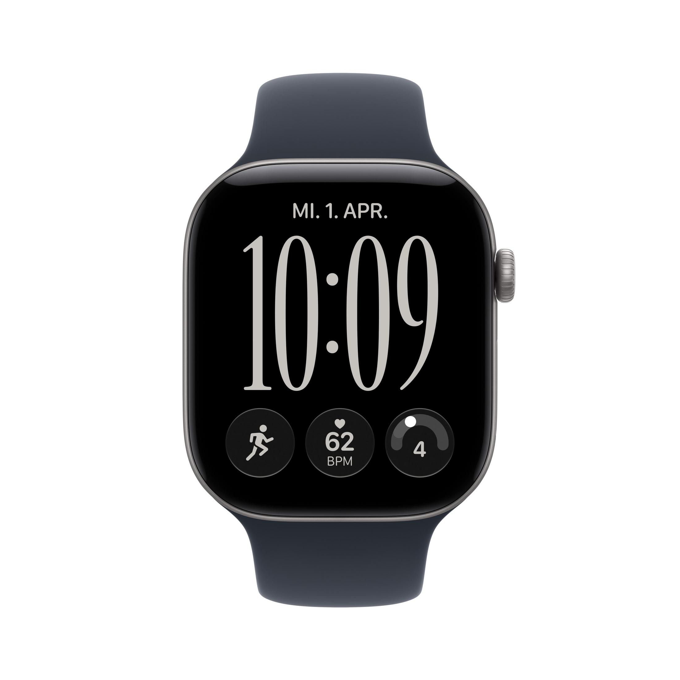 Uno smartwatch nero con cinturino scuro mostra l'ora digitale 10:09 e metriche di fitness.