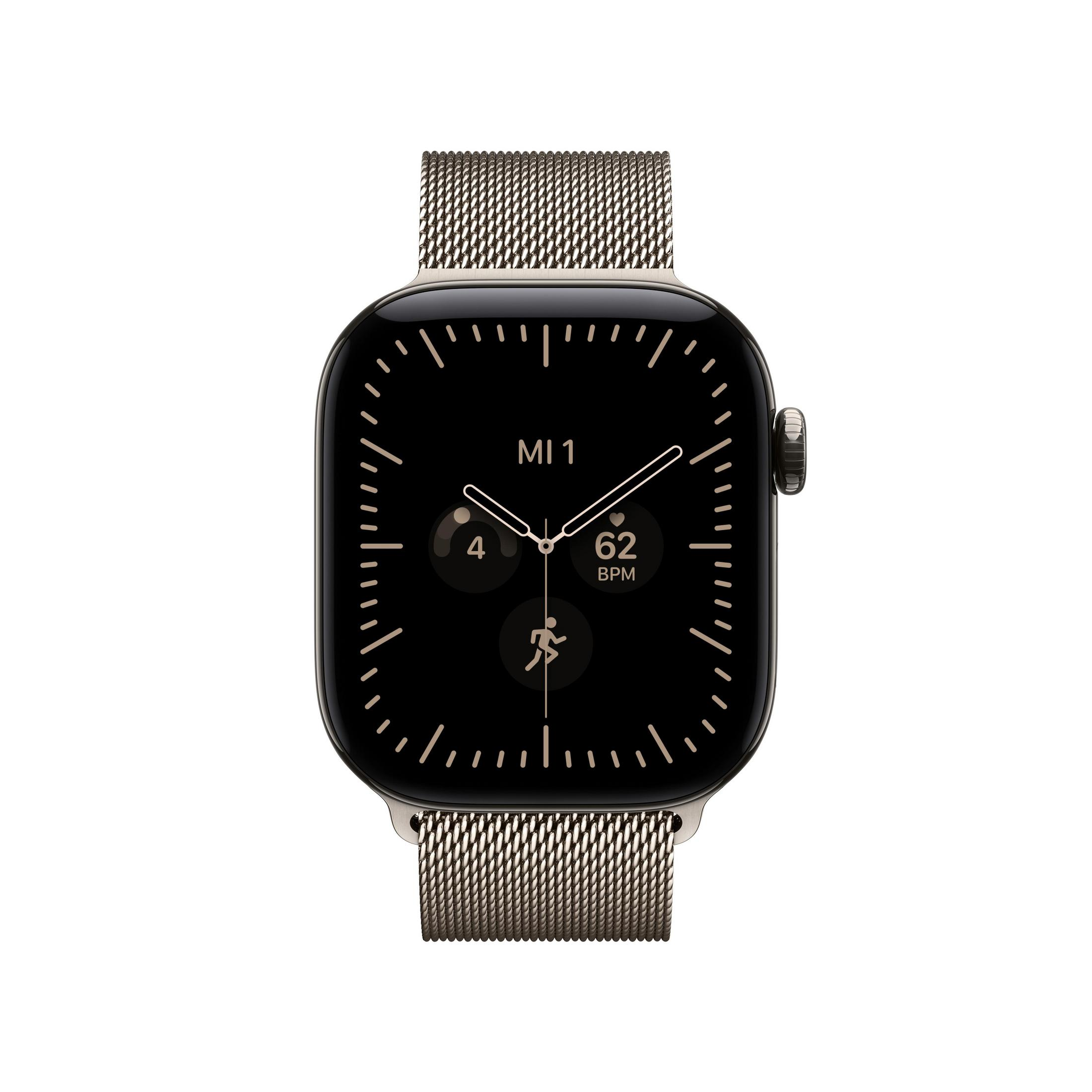 Un elegante smartwatch con quadrante nero e cinturino in maglia di metallo argentato su sfondo bianco.