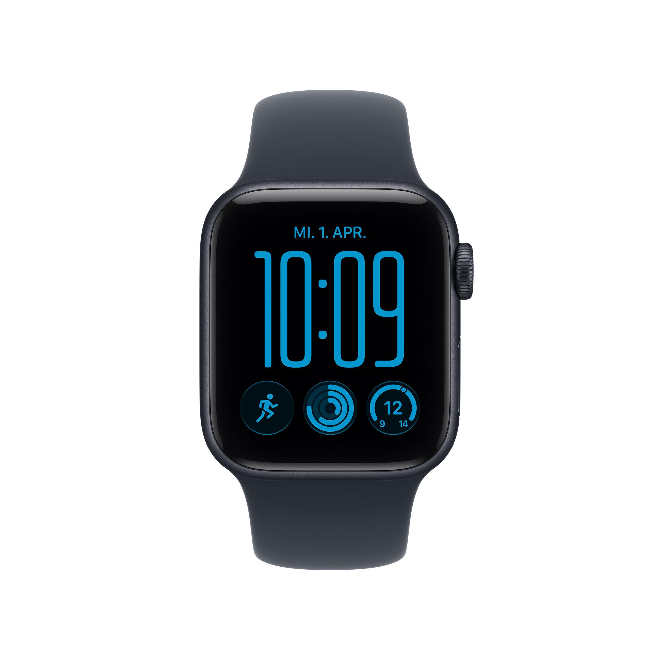 Smartwatch nero con display blu che mostra le 10:09 e icone di attività.