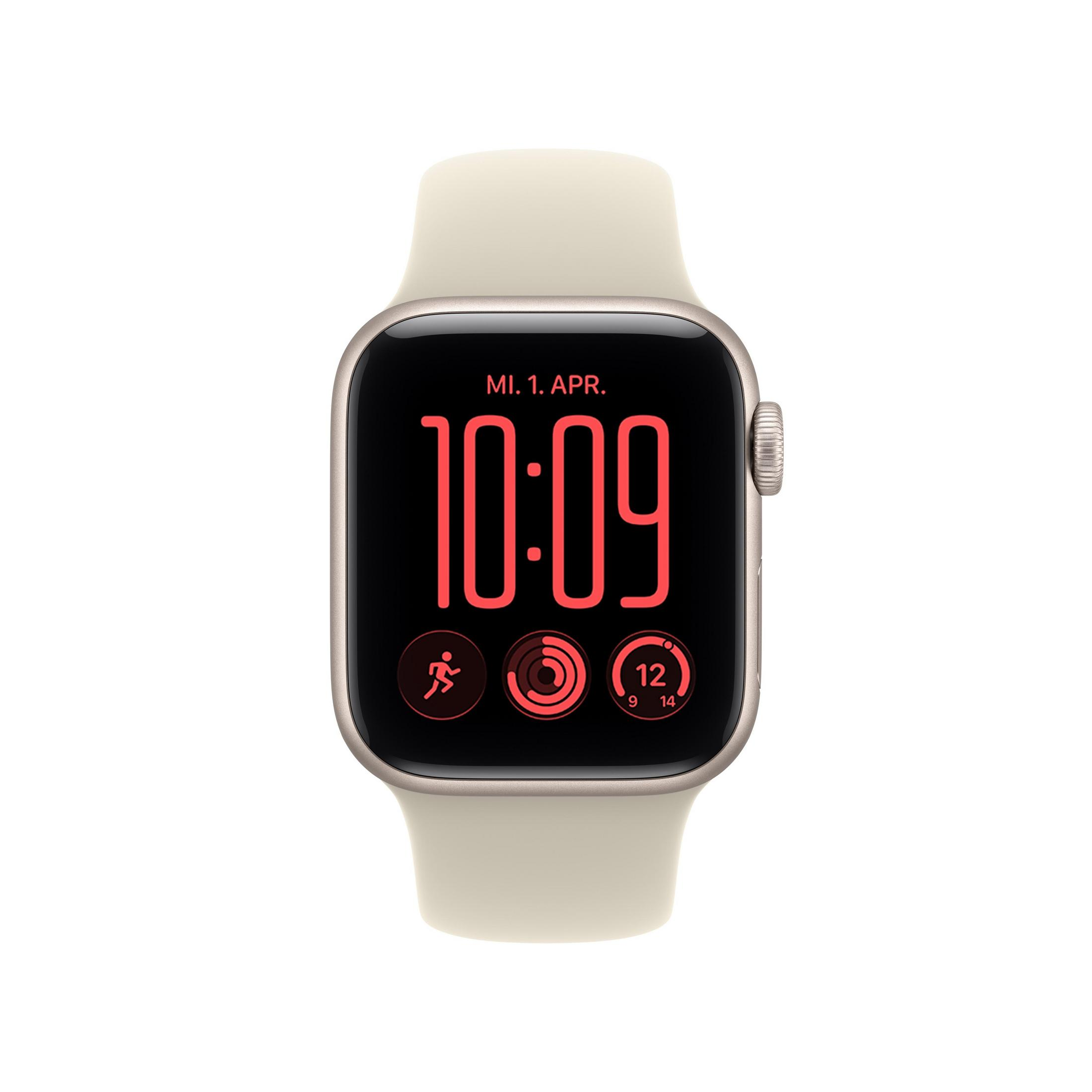 Uno smartwatch con cinturino beige e quadrante digitale su sfondo bianco.