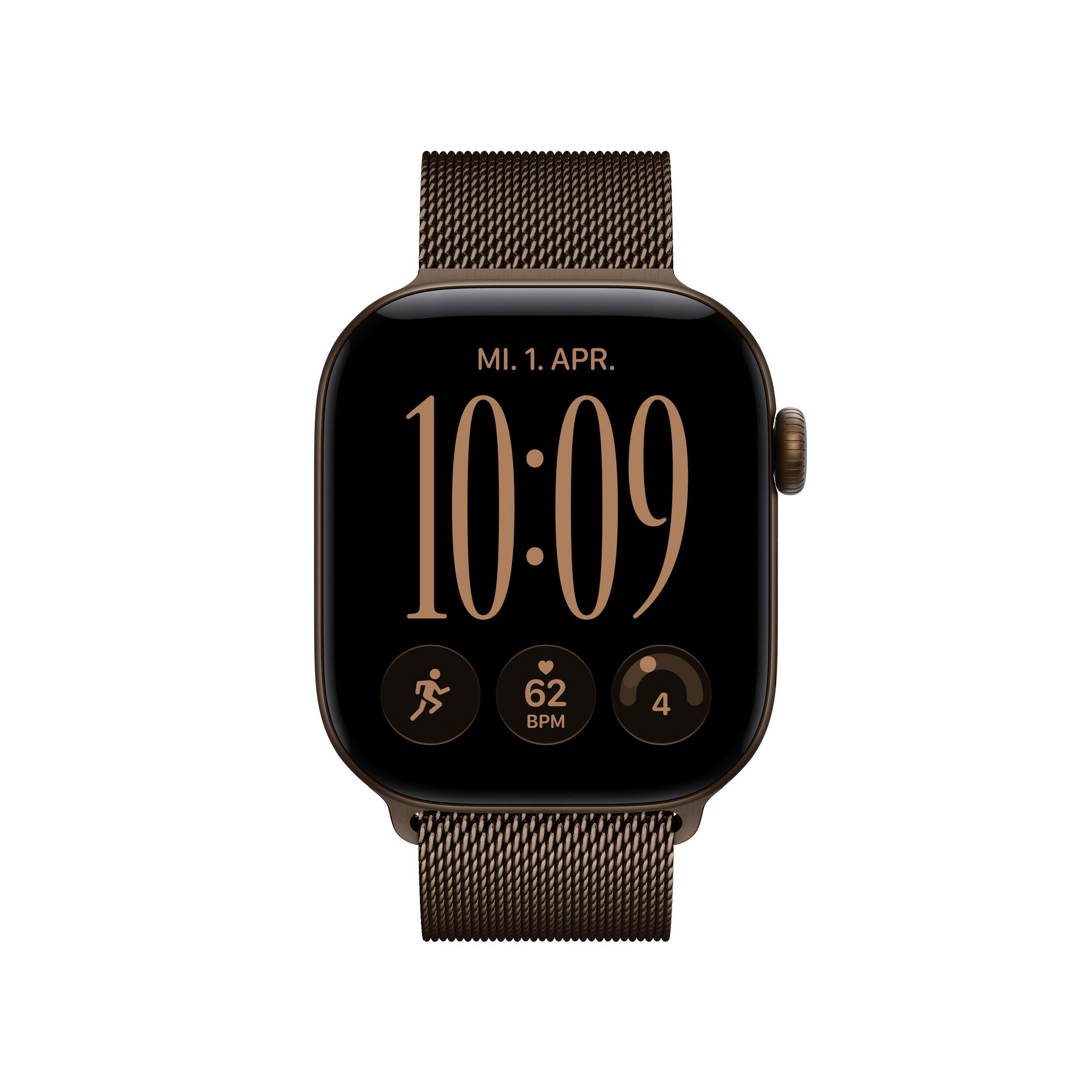 Uno smartwatch marrone con cinturino in maglia metallica e schermo nero mostra ora, data, battito cardiaco e dati.