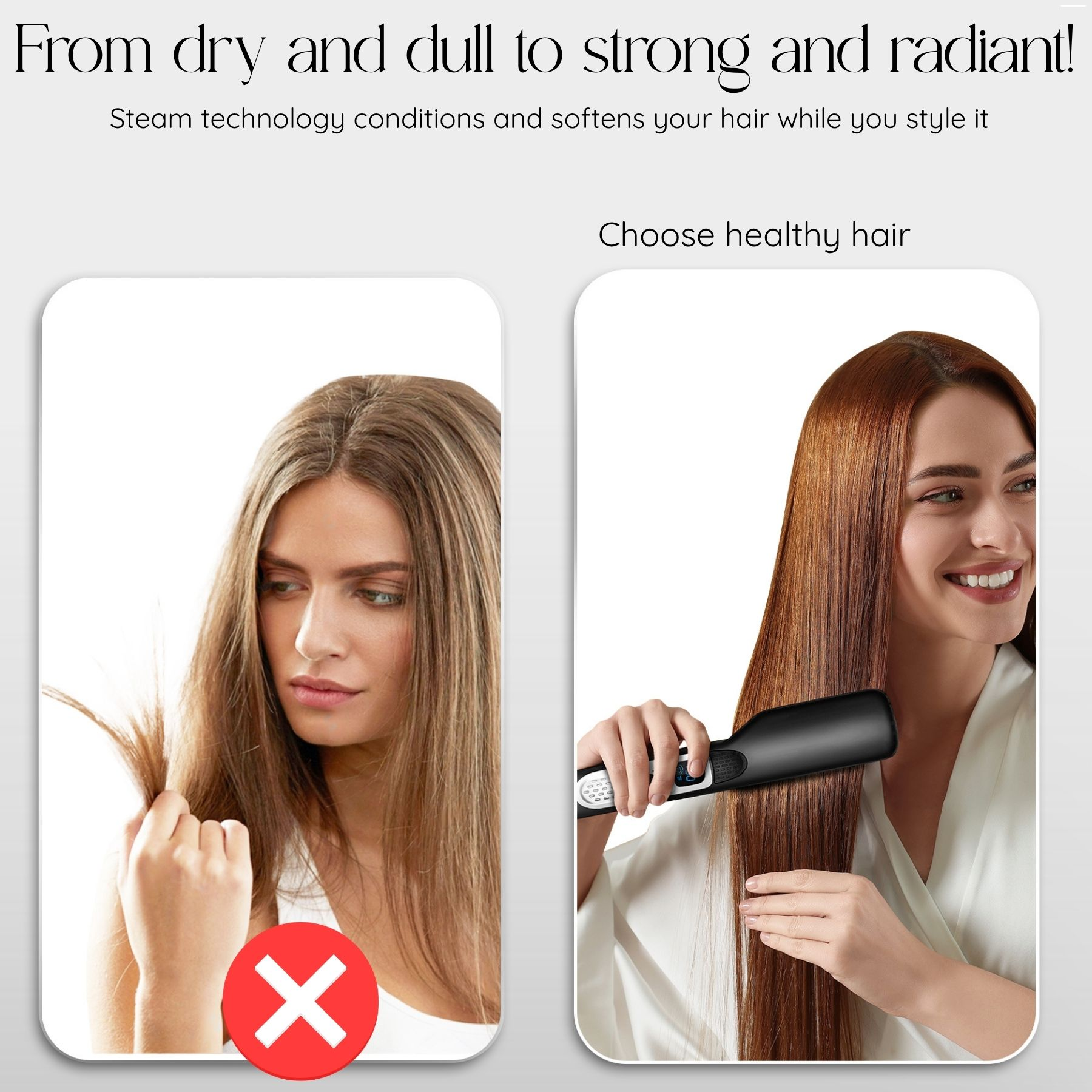 Vergelijking van droog haar met een rode X en gezond, glanzend haar gestyled met een stijltang.