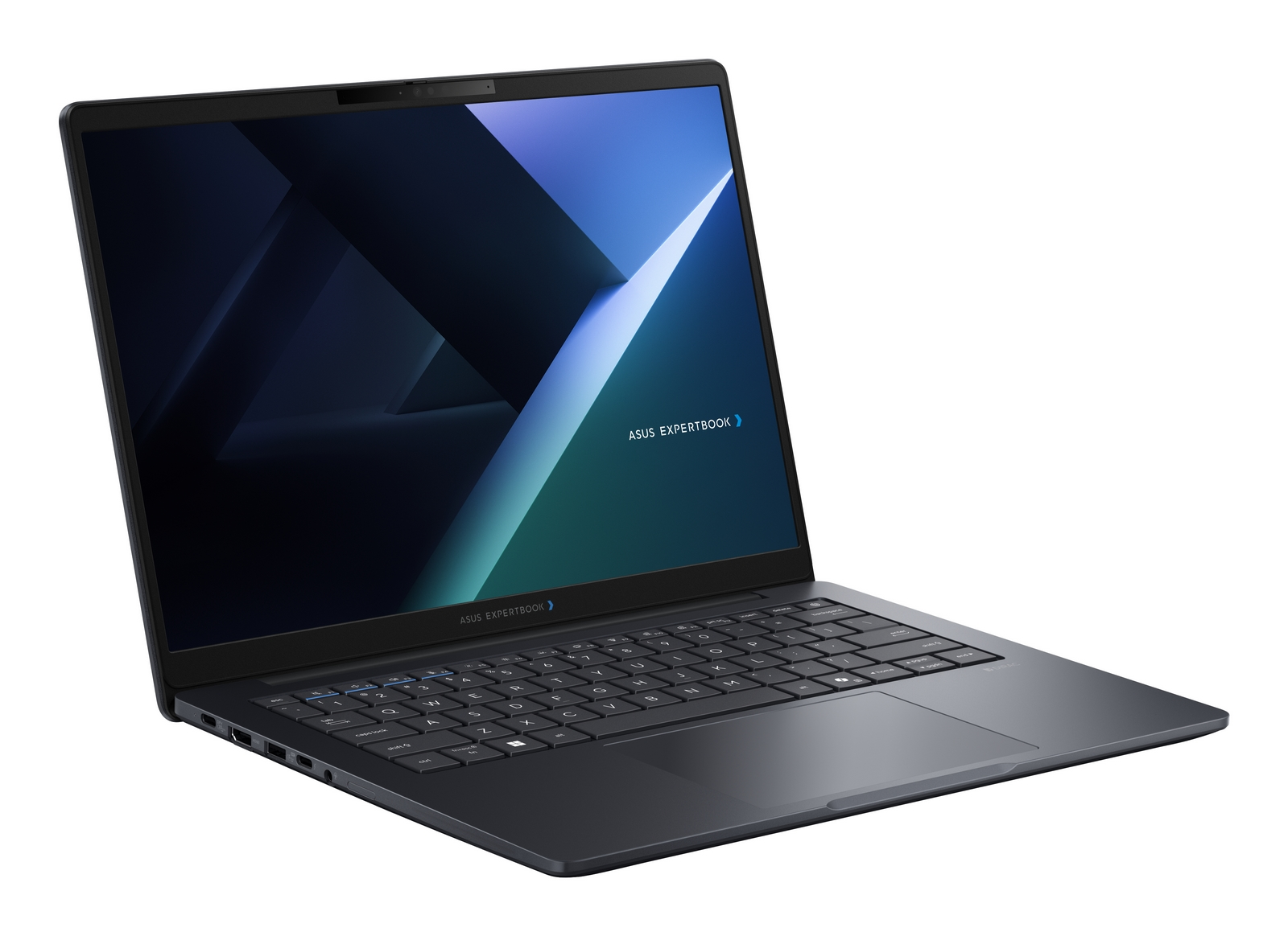 Un laptop nero Asus ExpertBook su superficie bianca con schermo blu.