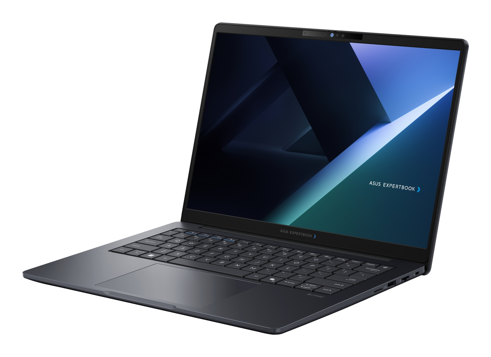 Un laptop nero Asus ExpertBook è aperto su una superficie bianca, mostrando uno sfondo astratto blu.