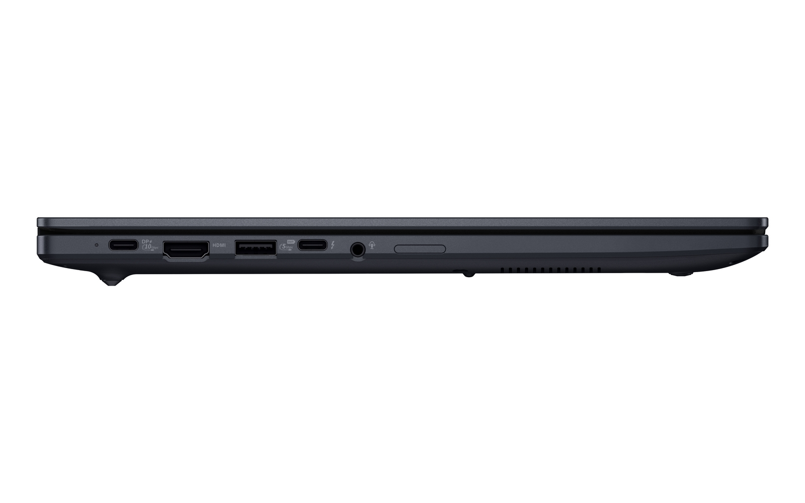 Vista laterale di un laptop sottile con porte USB-C, HDMI, USB-A e jack audio.