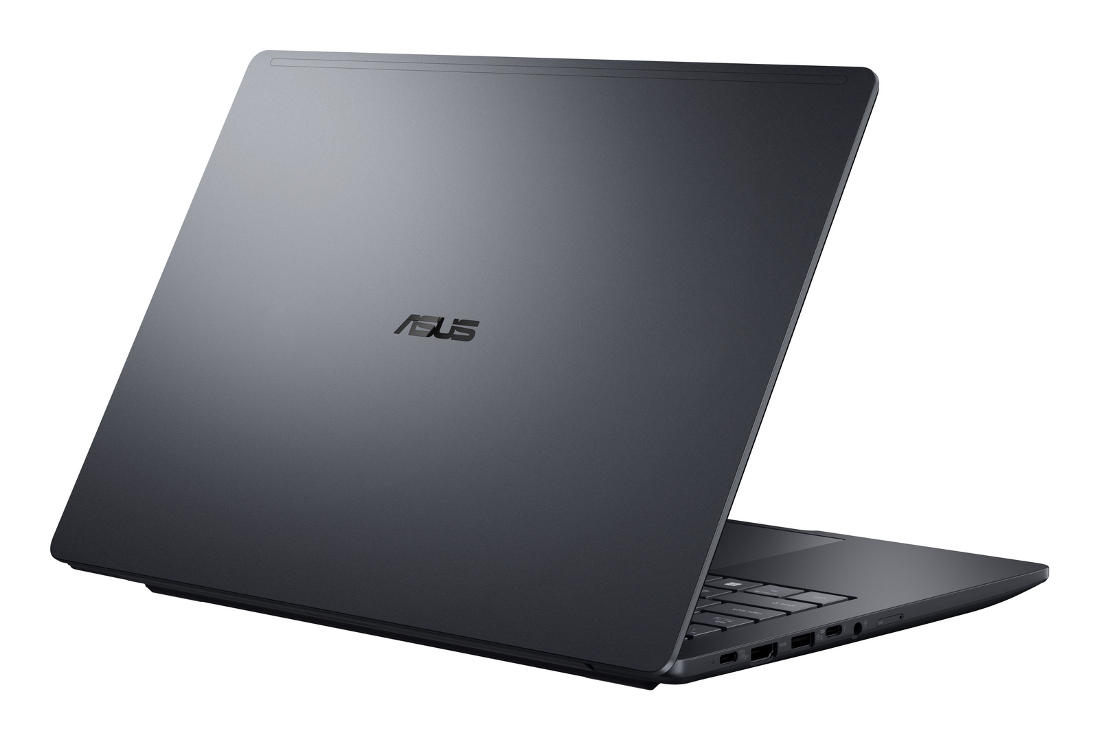 Un computer portatile Asus grigio scuro chiuso su sfondo bianco, con la parte anteriore leggermente girata di lato.