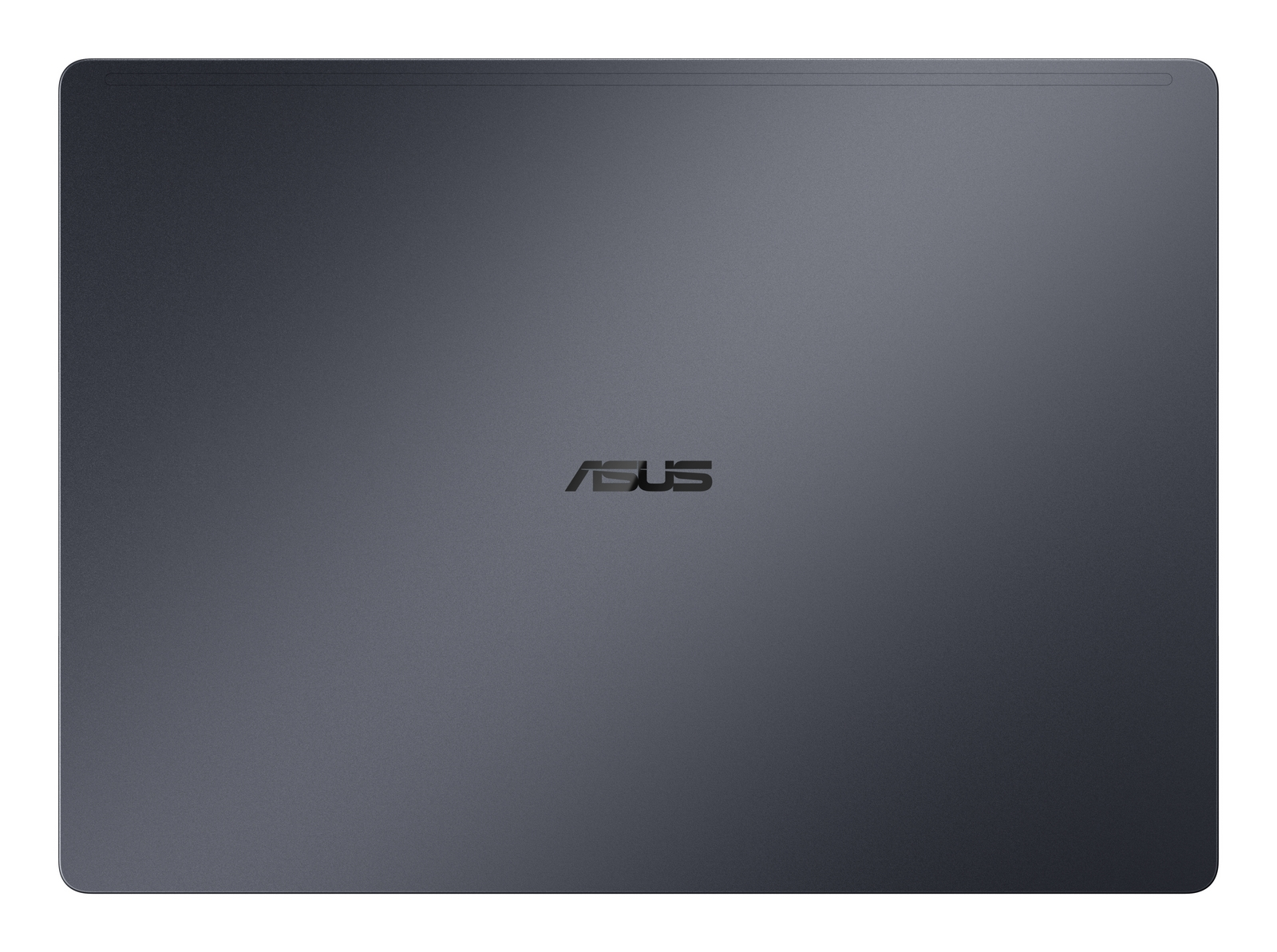Coperchio di un laptop ASUS grigio scuro chiuso con logo nero centrato su sfondo bianco.