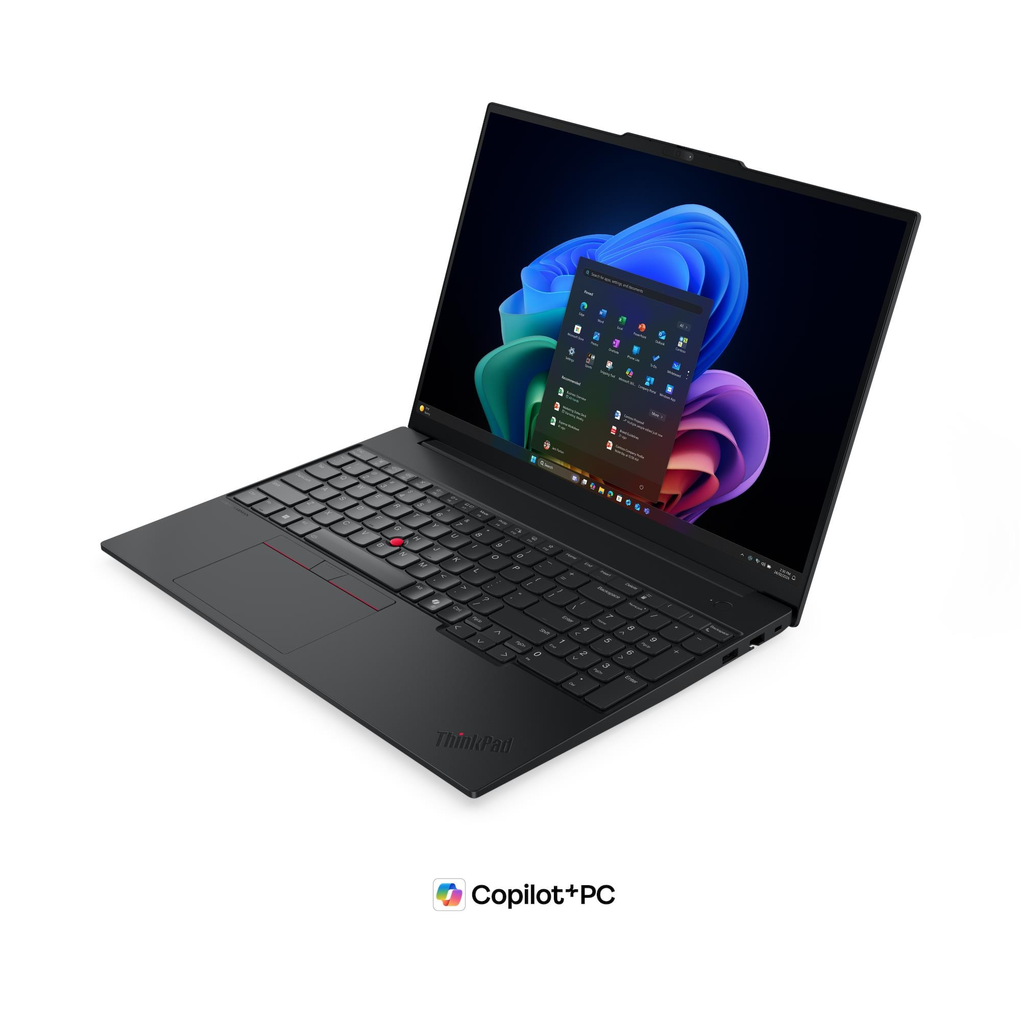 Un computer portatile ThinkPad nero con schermo illuminato e interfaccia Windows su sfondo bianco.