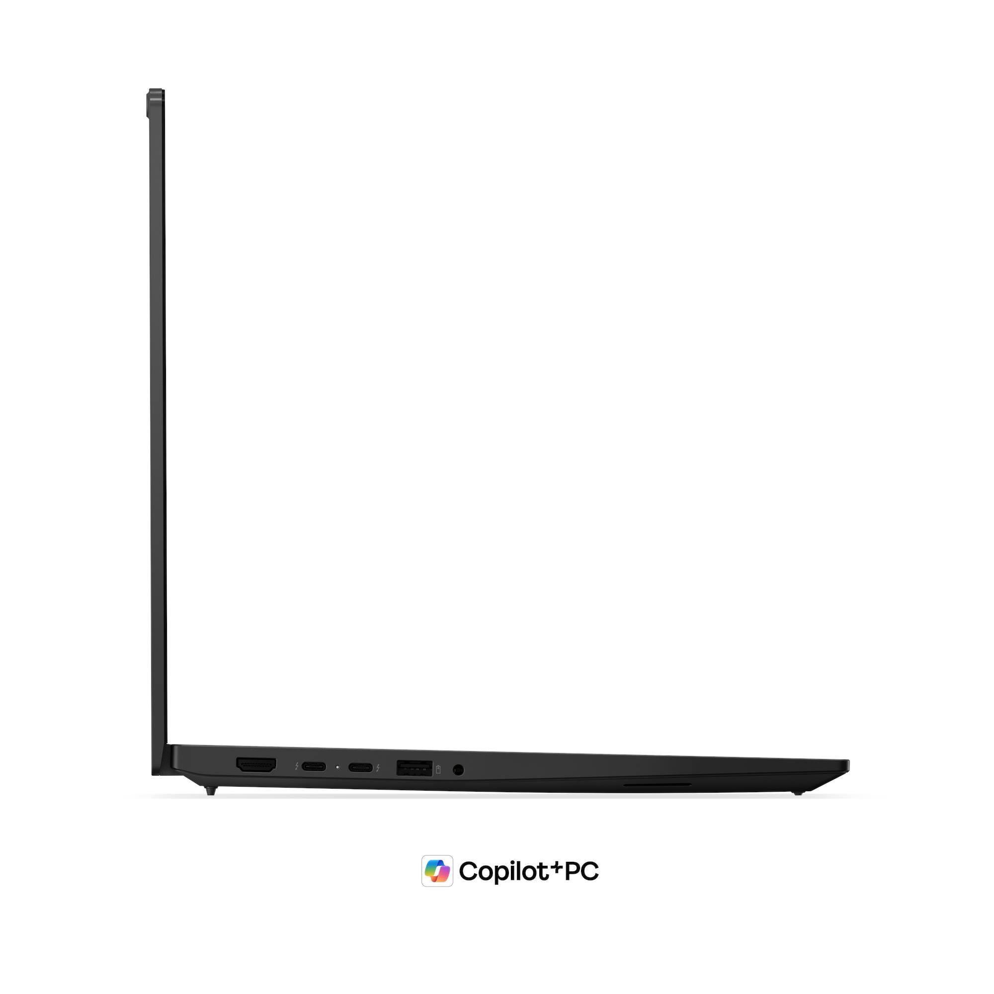 Profilo del lato sinistro di un laptop nero chiuso con porte visibili e logo Copilot+PC.