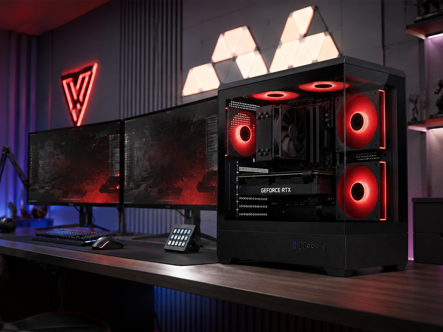 Komputer do gier z czerwono podświetlanymi wentylatorami i kartą GeForce RTX na biurku z dwoma monitorami.